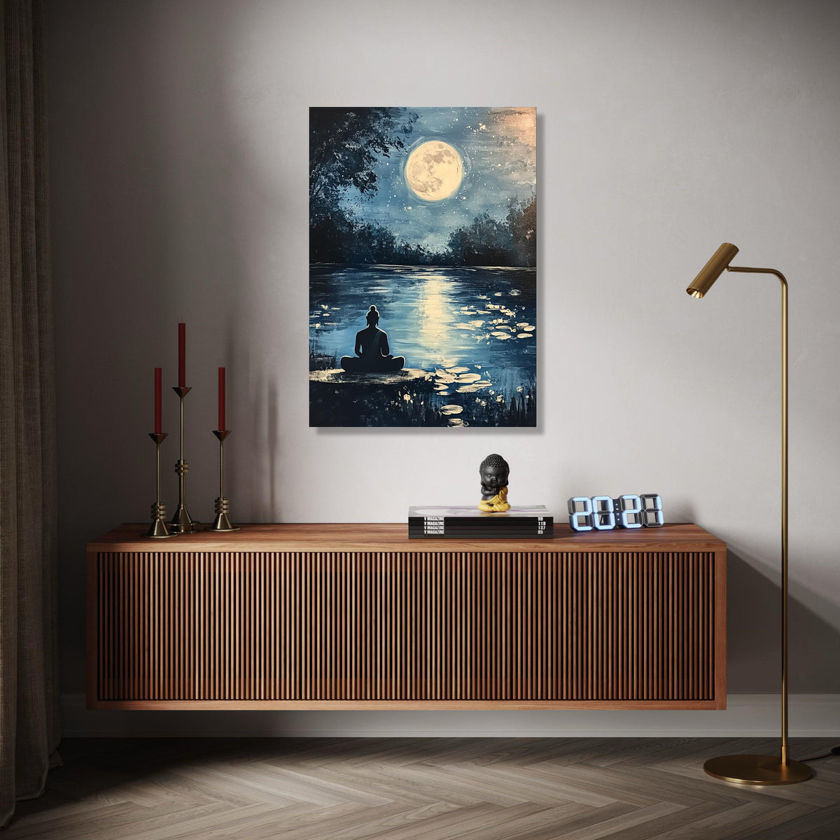 Serene Buddha Meditation Canvas, Full Moon Reflection Wall Art, Tranquil Night Landscape, Zen Home Decor, Gift Art, Home Decor, Print