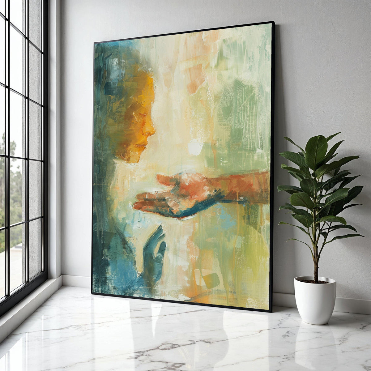 Abstract Connection Canvas Wall Art, Modern Figurative Painting, Emotional Hands and Face Artwork, Expressionist Gift Art, Home Decor, Print