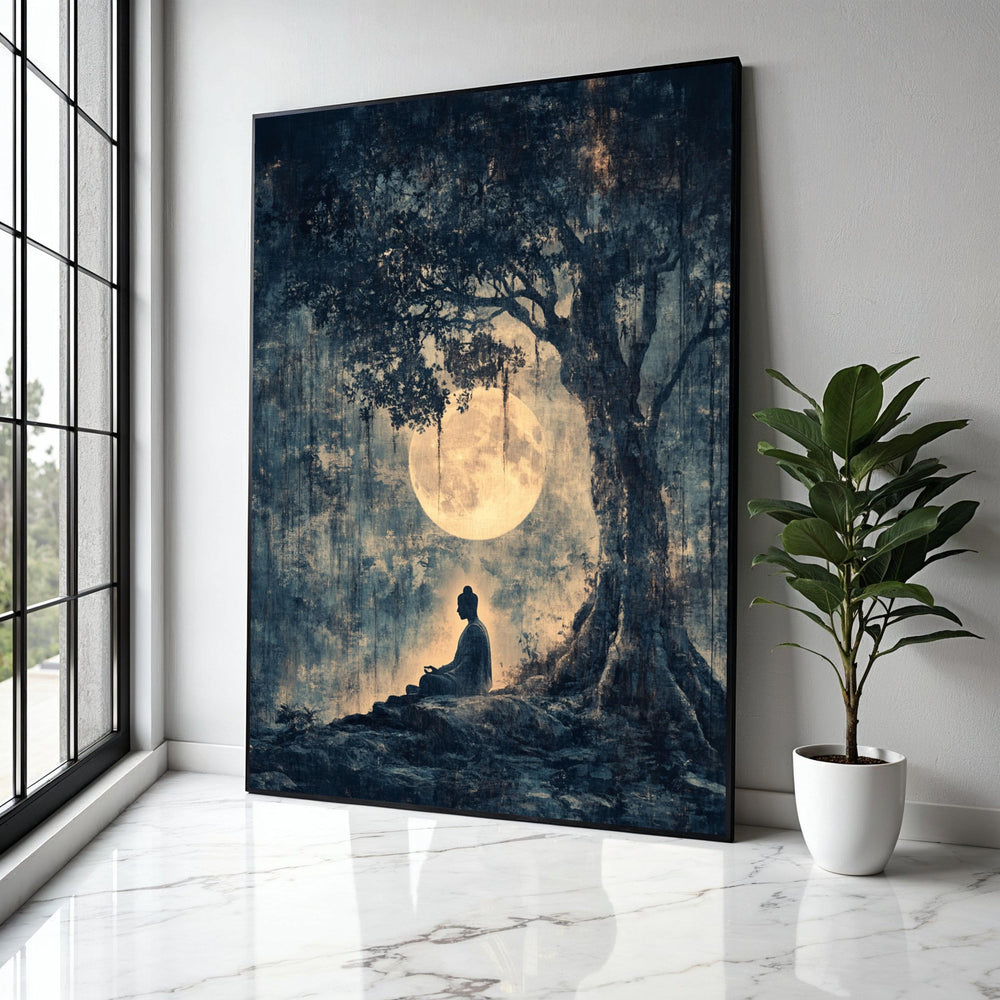 Serene Buddha Meditation Canvas, Full Moon Night Wall Art, Tranquil Tree Silhouette, Spiritual Zen Decor, Gift Art, Home Decor, Print