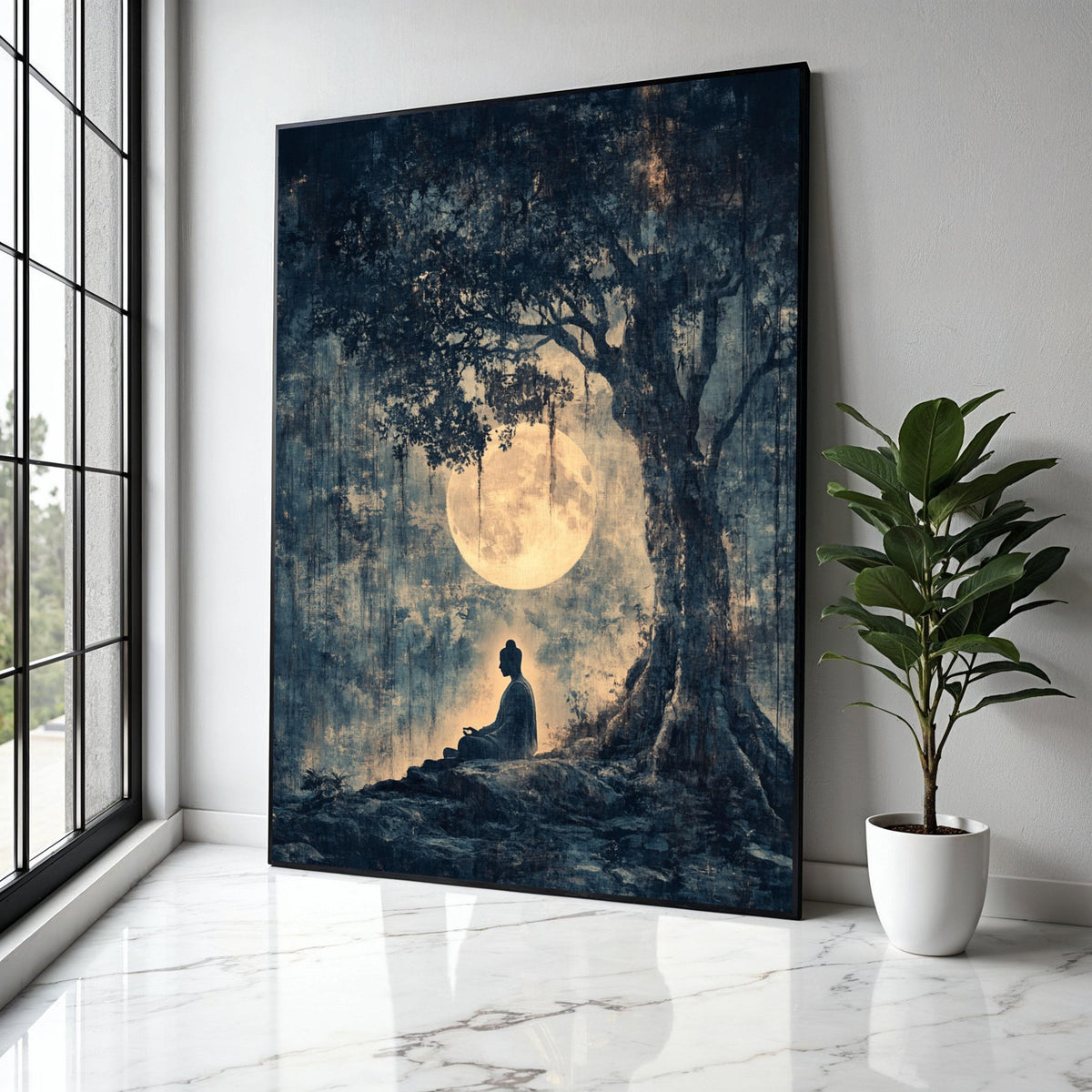 Serene Buddha Meditation Canvas, Full Moon Night Wall Art, Tranquil Tree Silhouette, Spiritual Zen Decor, Gift Art, Home Decor, Print