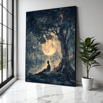 Serene Buddha Meditation Canvas, Full Moon Night Wall Art, Tranquil Tree Silhouette, Spiritual Zen Decor, Gift Art, Home Decor, Print