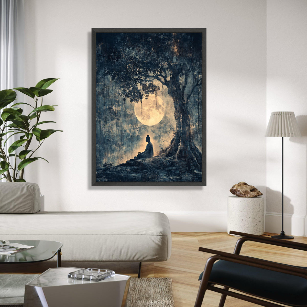 Serene Buddha Meditation Canvas, Full Moon Night Wall Art, Tranquil Tree Silhouette, Spiritual Zen Decor, Gift Art, Home Decor, Print