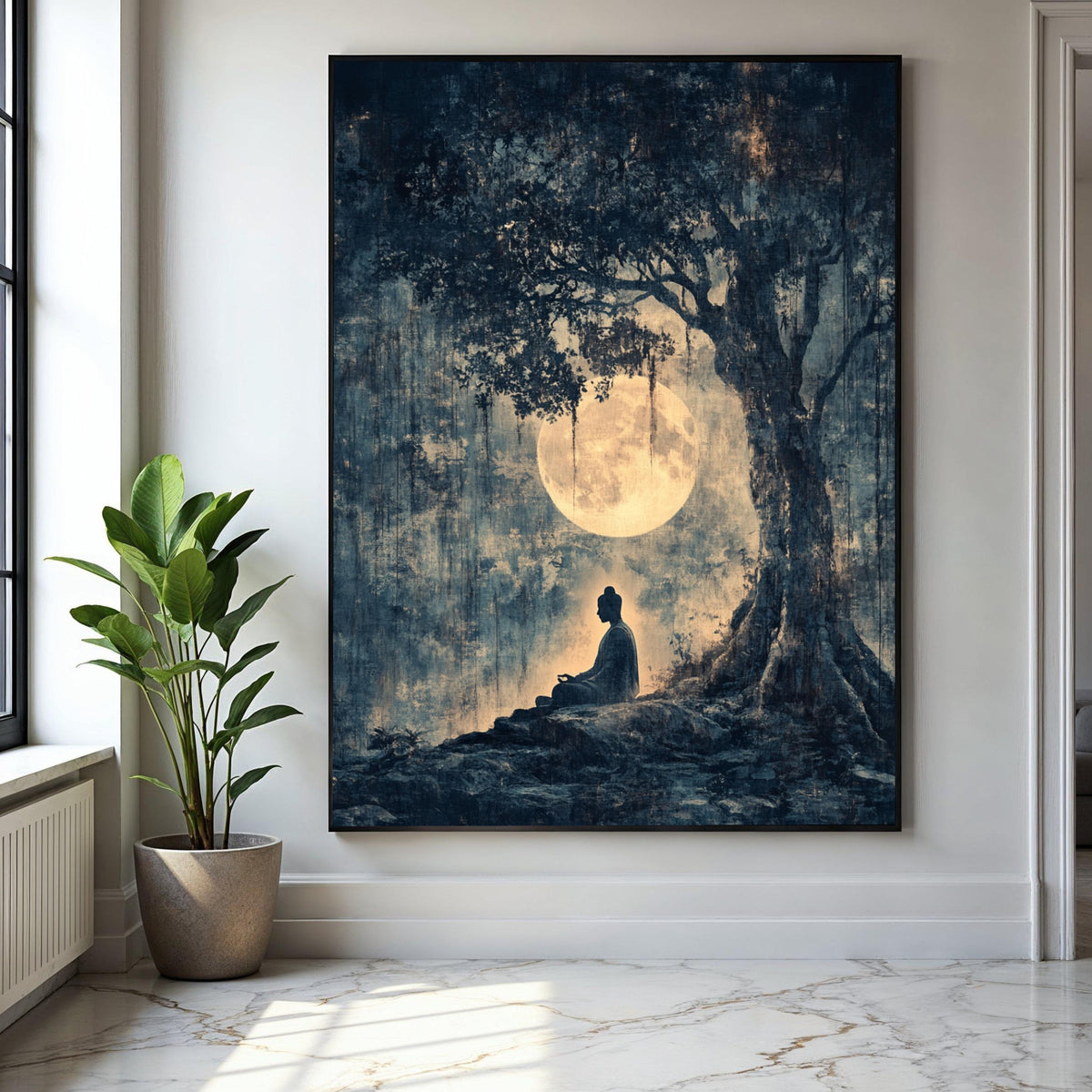 Serene Buddha Meditation Canvas, Full Moon Night Wall Art, Tranquil Tree Silhouette, Spiritual Zen Decor, Gift Art, Home Decor, Print