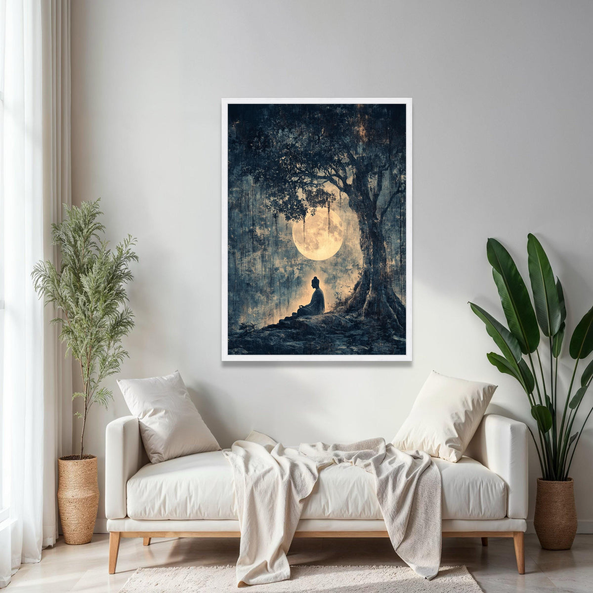 Serene Buddha Meditation Canvas, Full Moon Night Wall Art, Tranquil Tree Silhouette, Spiritual Zen Decor, Gift Art, Home Decor, Print