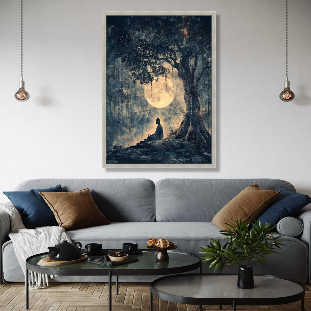 Serene Buddha Meditation Canvas, Full Moon Night Wall Art, Tranquil Tree Silhouette, Spiritual Zen Decor, Gift Art, Home Decor, Print