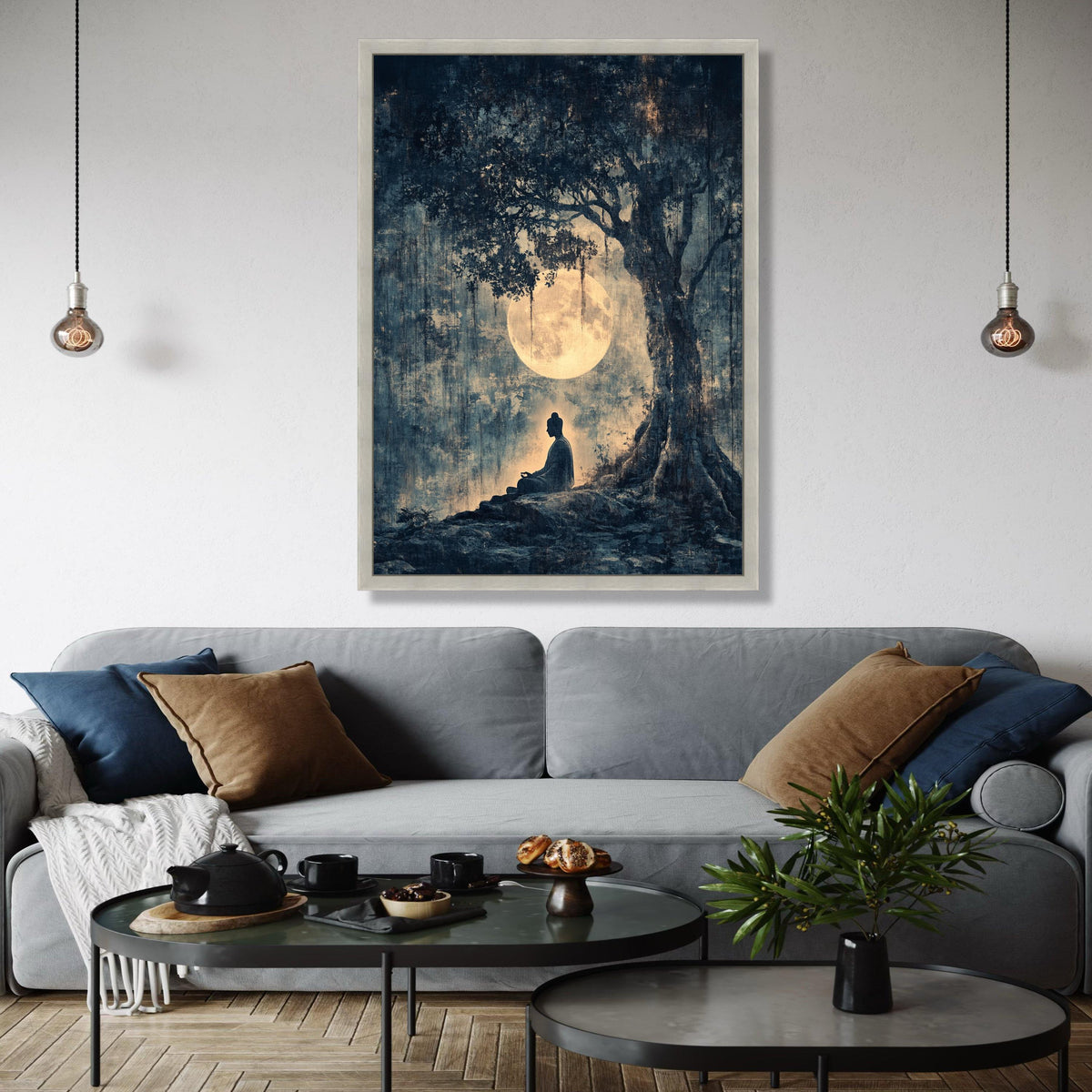 Serene Buddha Meditation Canvas, Full Moon Night Wall Art, Tranquil Tree Silhouette, Spiritual Zen Decor, Gift Art, Home Decor, Print