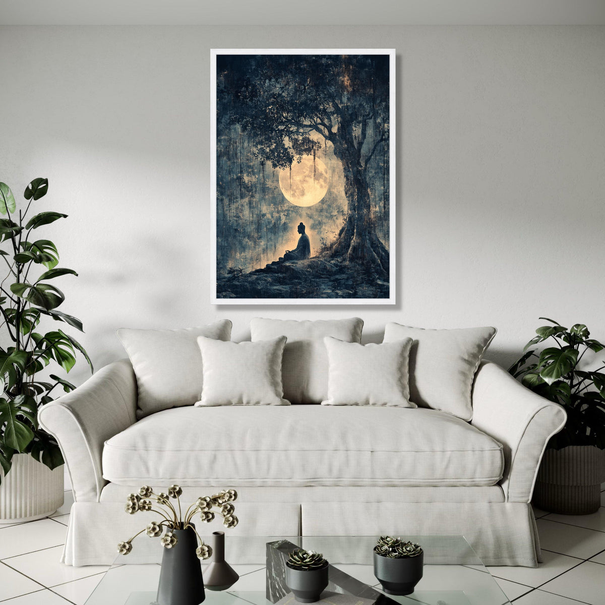Serene Buddha Meditation Canvas, Full Moon Night Wall Art, Tranquil Tree Silhouette, Spiritual Zen Decor, Gift Art, Home Decor, Print