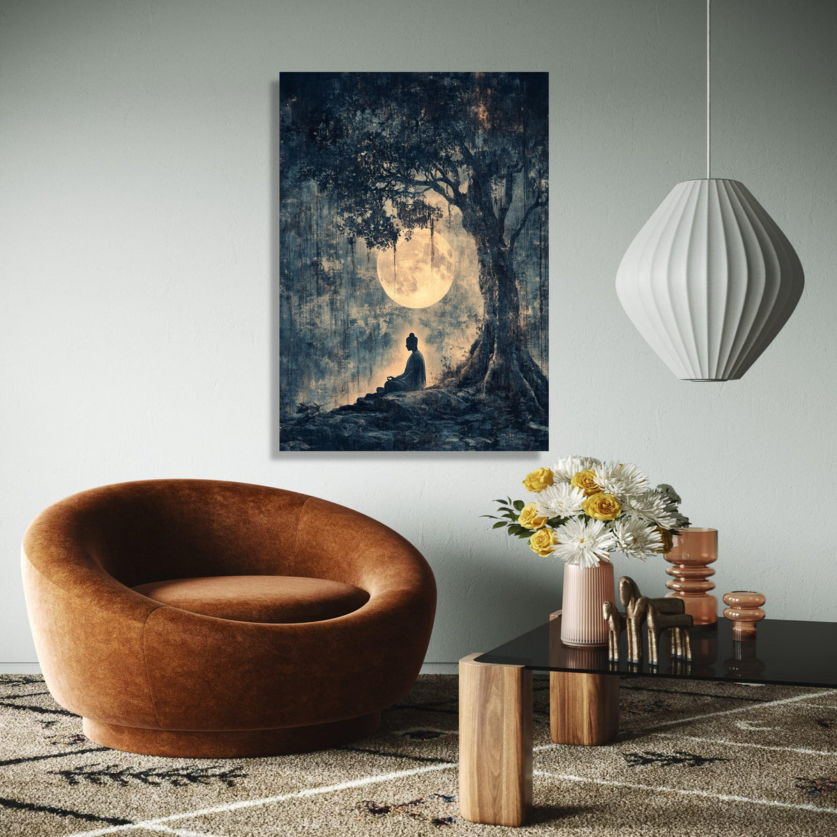 Serene Buddha Meditation Canvas, Full Moon Night Wall Art, Tranquil Tree Silhouette, Spiritual Zen Decor, Gift Art, Home Decor, Print