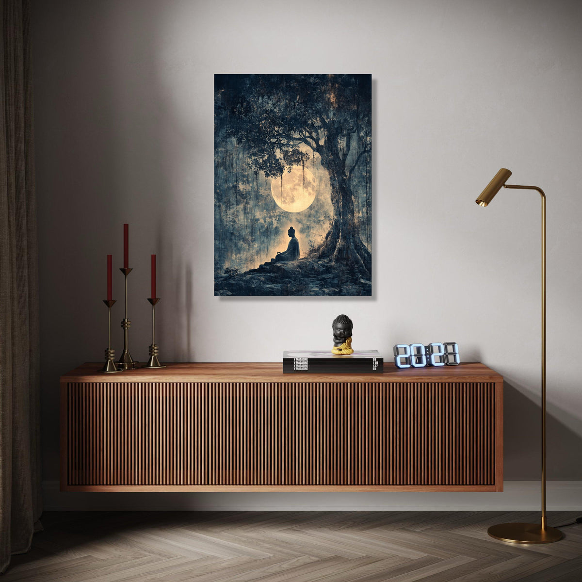 Serene Buddha Meditation Canvas, Full Moon Night Wall Art, Tranquil Tree Silhouette, Spiritual Zen Decor, Gift Art, Home Decor, Print