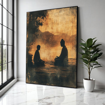 Serene Meditation Duo Canvas, Buddha Silhouette Wall Art, Zen Spiritual Decor, Tranquil Asian Landscape Canvas, Gift Art, Home Decor, Print