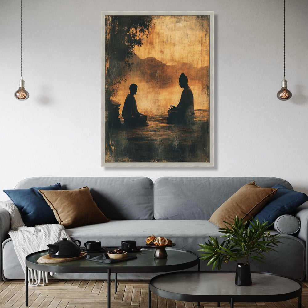 Serene Meditation Duo Canvas, Buddha Silhouette Wall Art, Zen Spiritual Decor, Tranquil Asian Landscape Canvas, Gift Art, Home Decor, Print