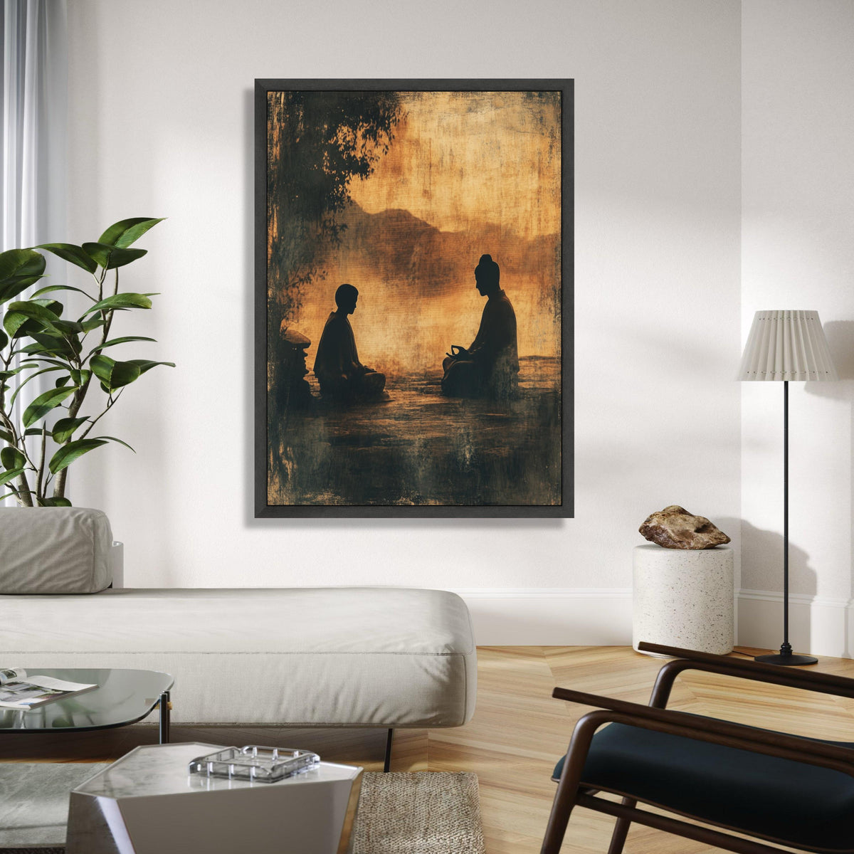 Serene Meditation Duo Canvas, Buddha Silhouette Wall Art, Zen Spiritual Decor, Tranquil Asian Landscape Canvas, Gift Art, Home Decor, Print
