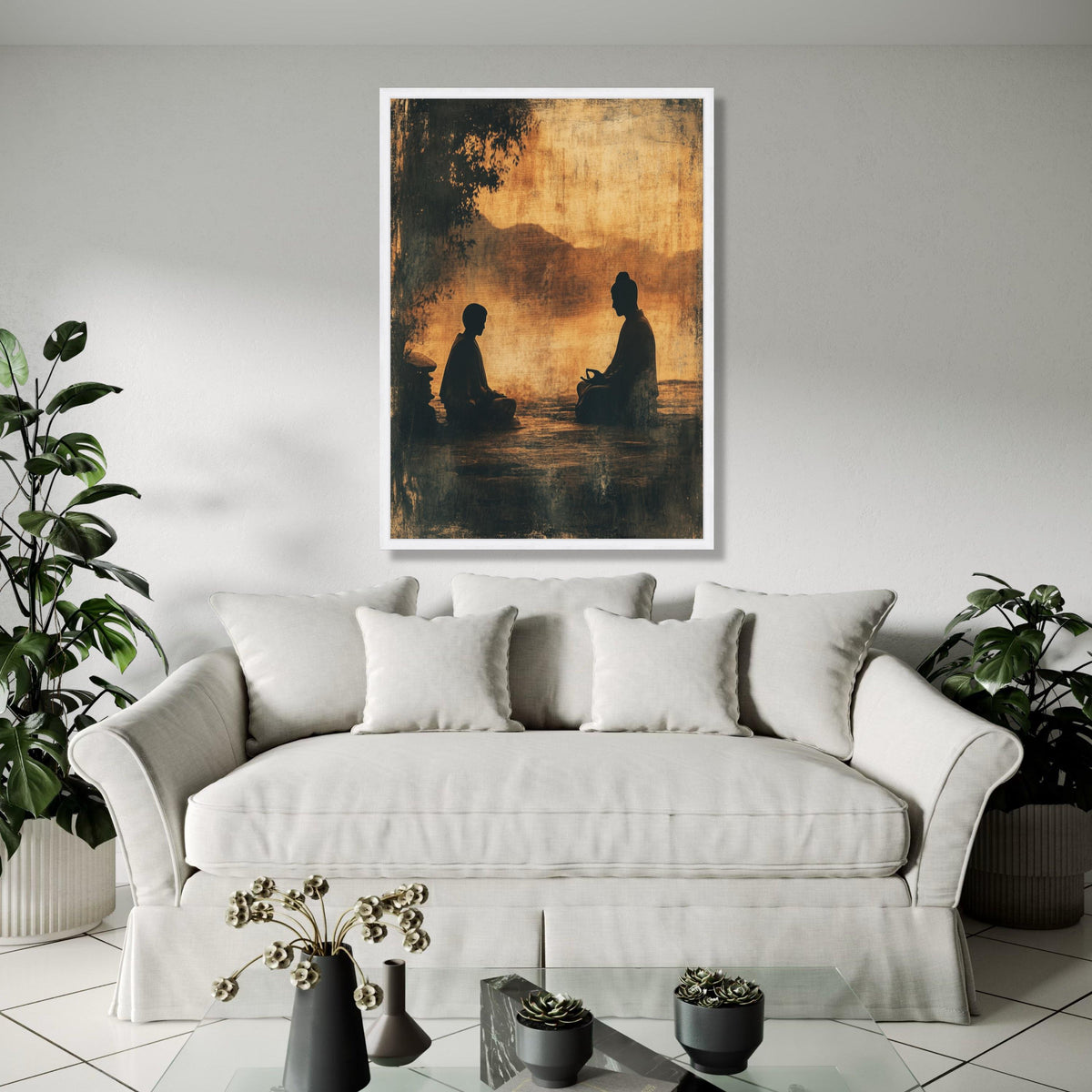 Serene Meditation Duo Canvas, Buddha Silhouette Wall Art, Zen Spiritual Decor, Tranquil Asian Landscape Canvas, Gift Art, Home Decor, Print