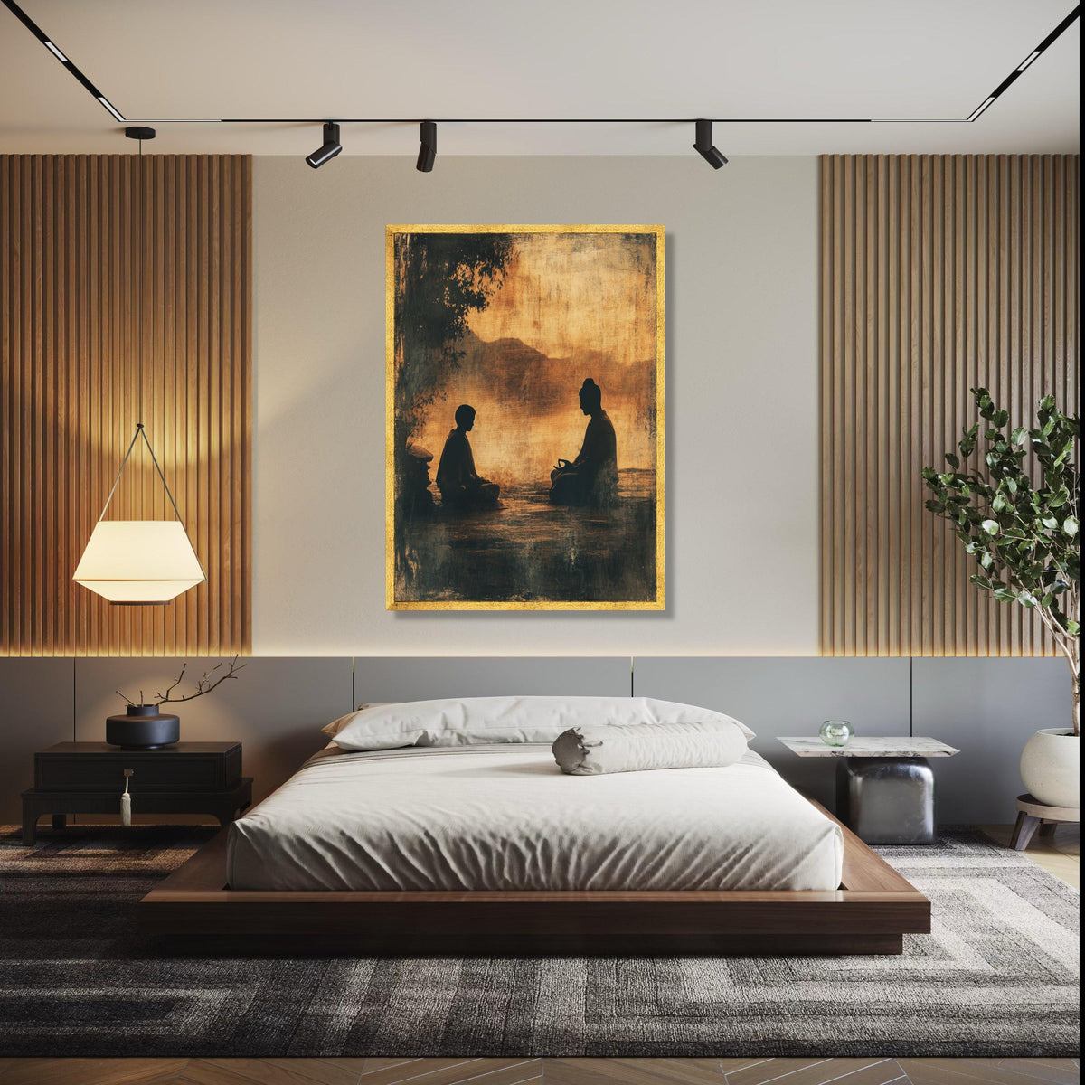 Serene Meditation Duo Canvas, Buddha Silhouette Wall Art, Zen Spiritual Decor, Tranquil Asian Landscape Canvas, Gift Art, Home Decor, Print