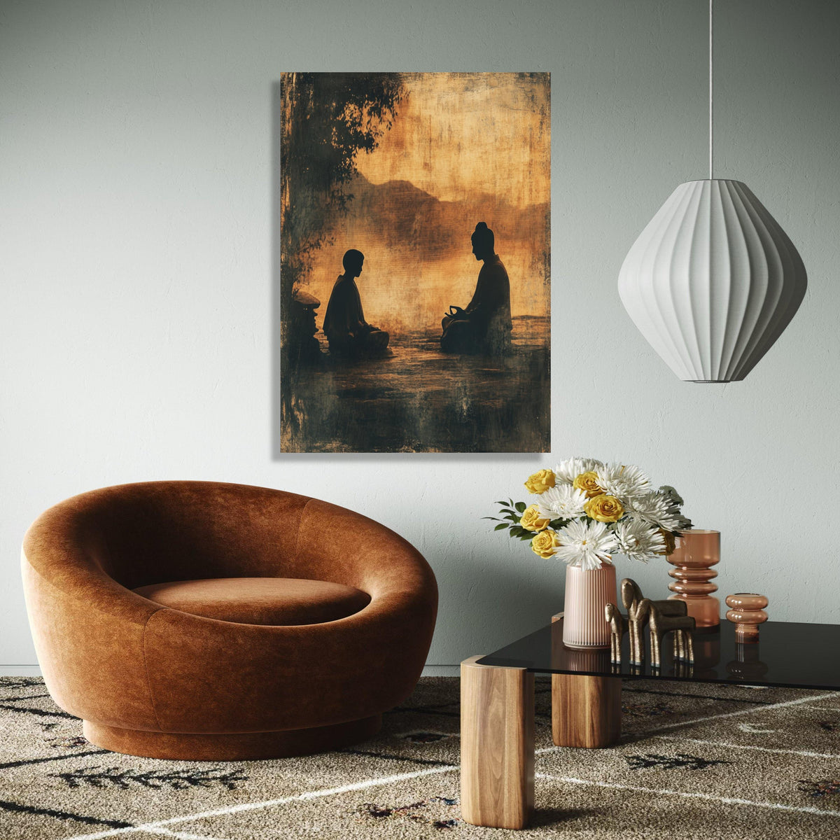 Serene Meditation Duo Canvas, Buddha Silhouette Wall Art, Zen Spiritual Decor, Tranquil Asian Landscape Canvas, Gift Art, Home Decor, Print
