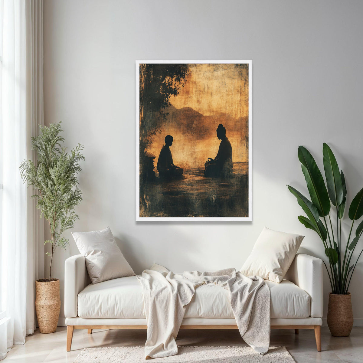 Serene Meditation Duo Canvas, Buddha Silhouette Wall Art, Zen Spiritual Decor, Tranquil Asian Landscape Canvas, Gift Art, Home Decor, Print
