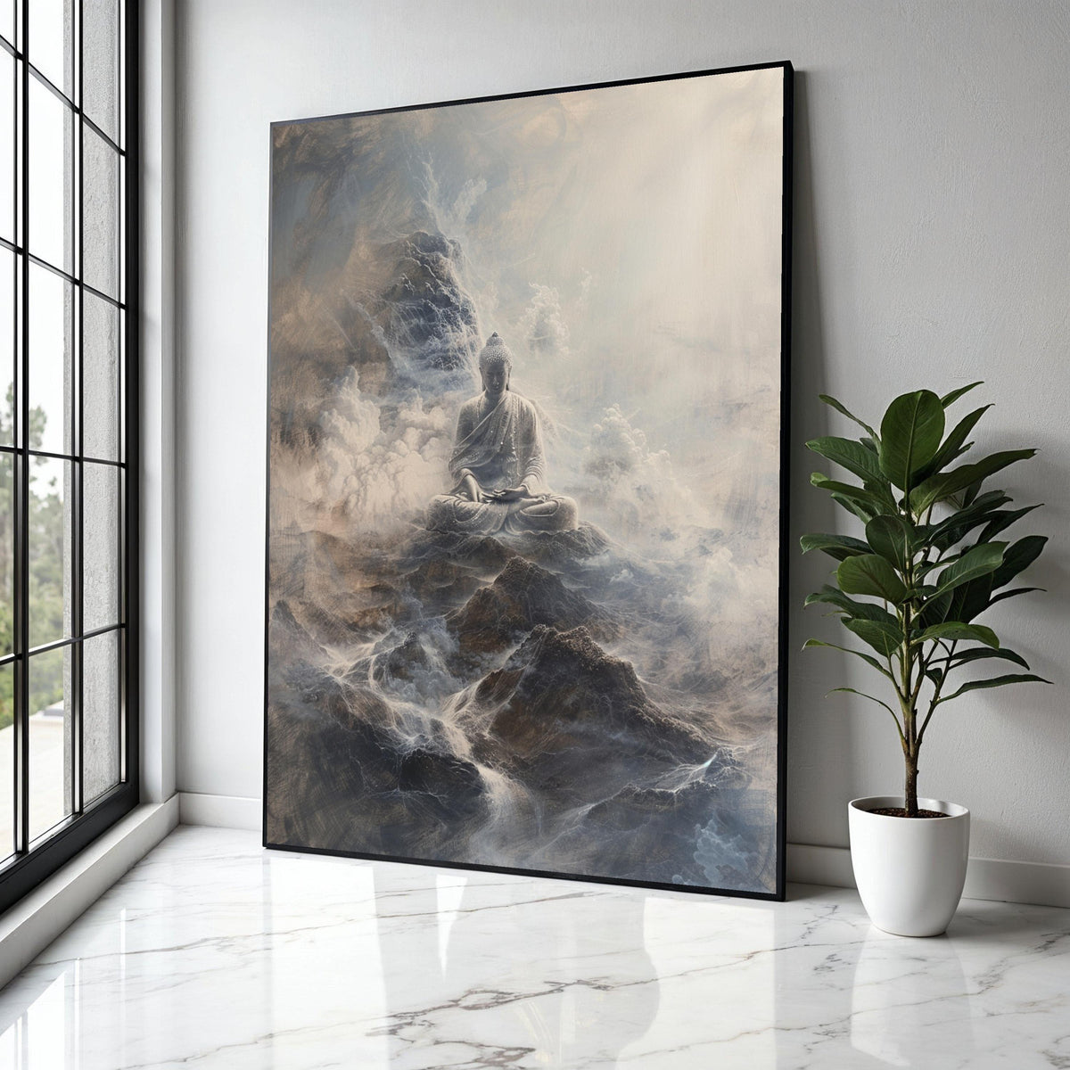 Serene Buddha Meditation Canvas, Mystical Mountain Landscape, Spiritual Wall Art, Zen Decor, Tranquil Home Gift Art, Home Decor, Print