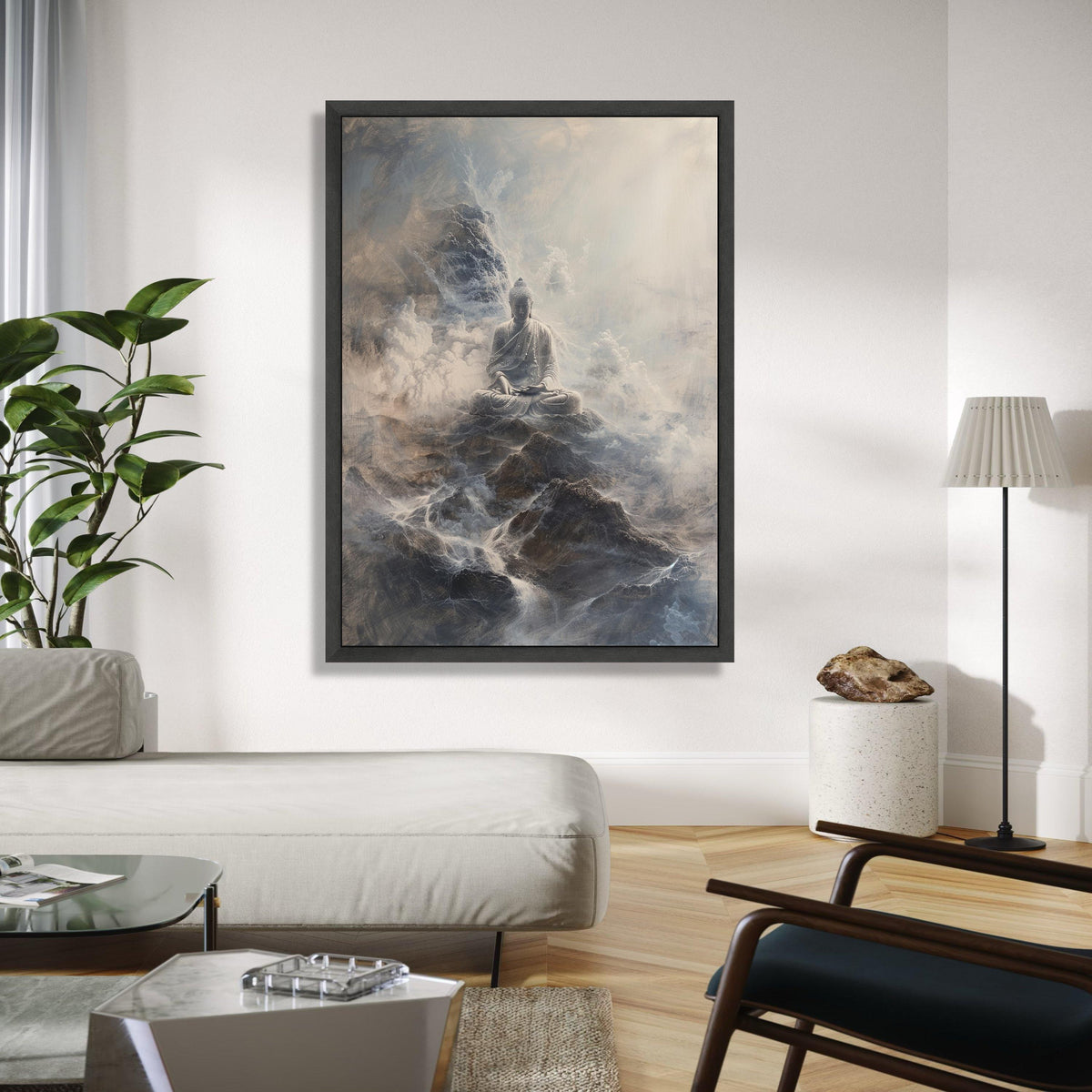 Serene Buddha Meditation Canvas, Mystical Mountain Landscape, Spiritual Wall Art, Zen Decor, Tranquil Home Gift Art, Home Decor, Print
