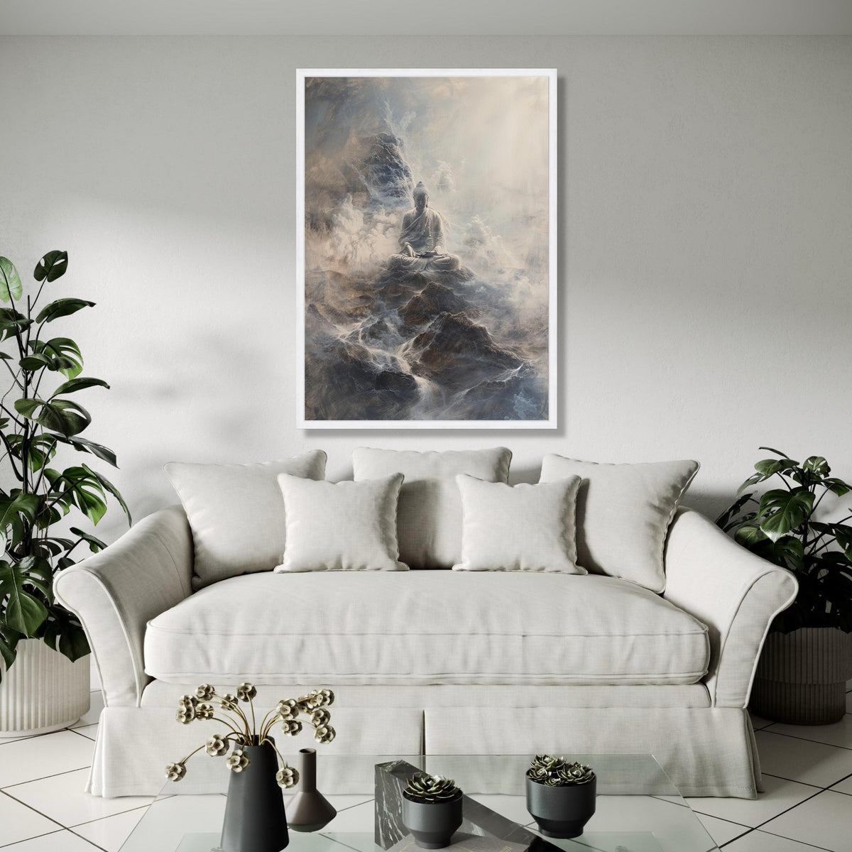 Serene Buddha Meditation Canvas, Mystical Mountain Landscape, Spiritual Wall Art, Zen Decor, Tranquil Home Gift Art, Home Decor, Print