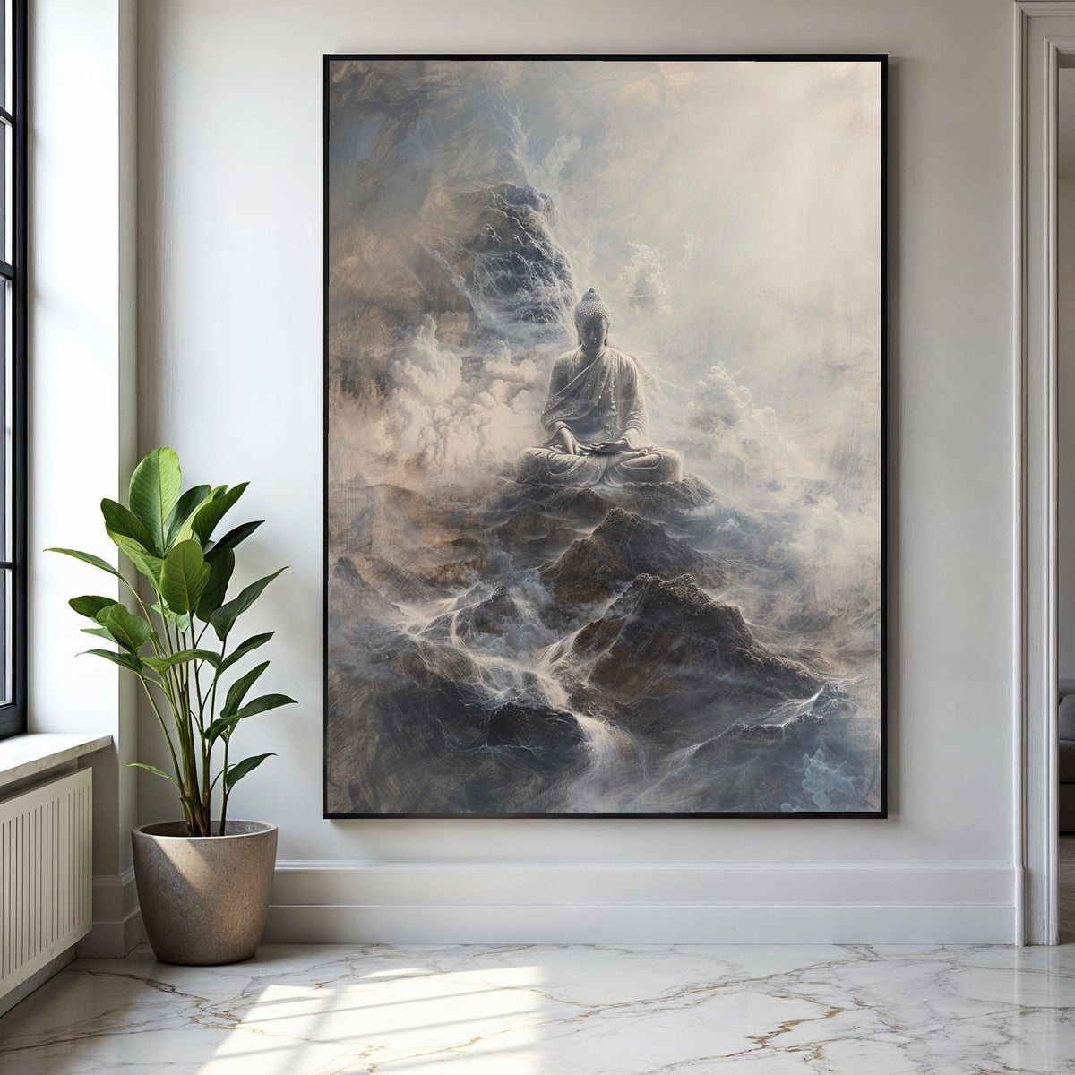 Serene Buddha Meditation Canvas, Mystical Mountain Landscape, Spiritual Wall Art, Zen Decor, Tranquil Home Gift Art, Home Decor, Print