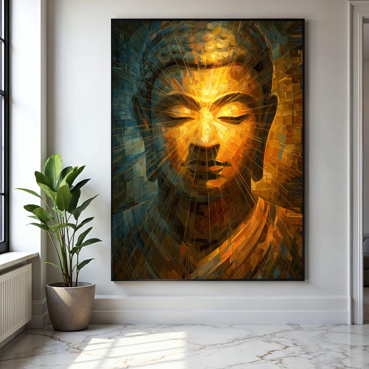 Radiant Buddha Face Canvas Wall Art, Spiritual Meditation Decor, Abstract Golden Light Artwork, Zen Home Gift Art, Home Decor, Print