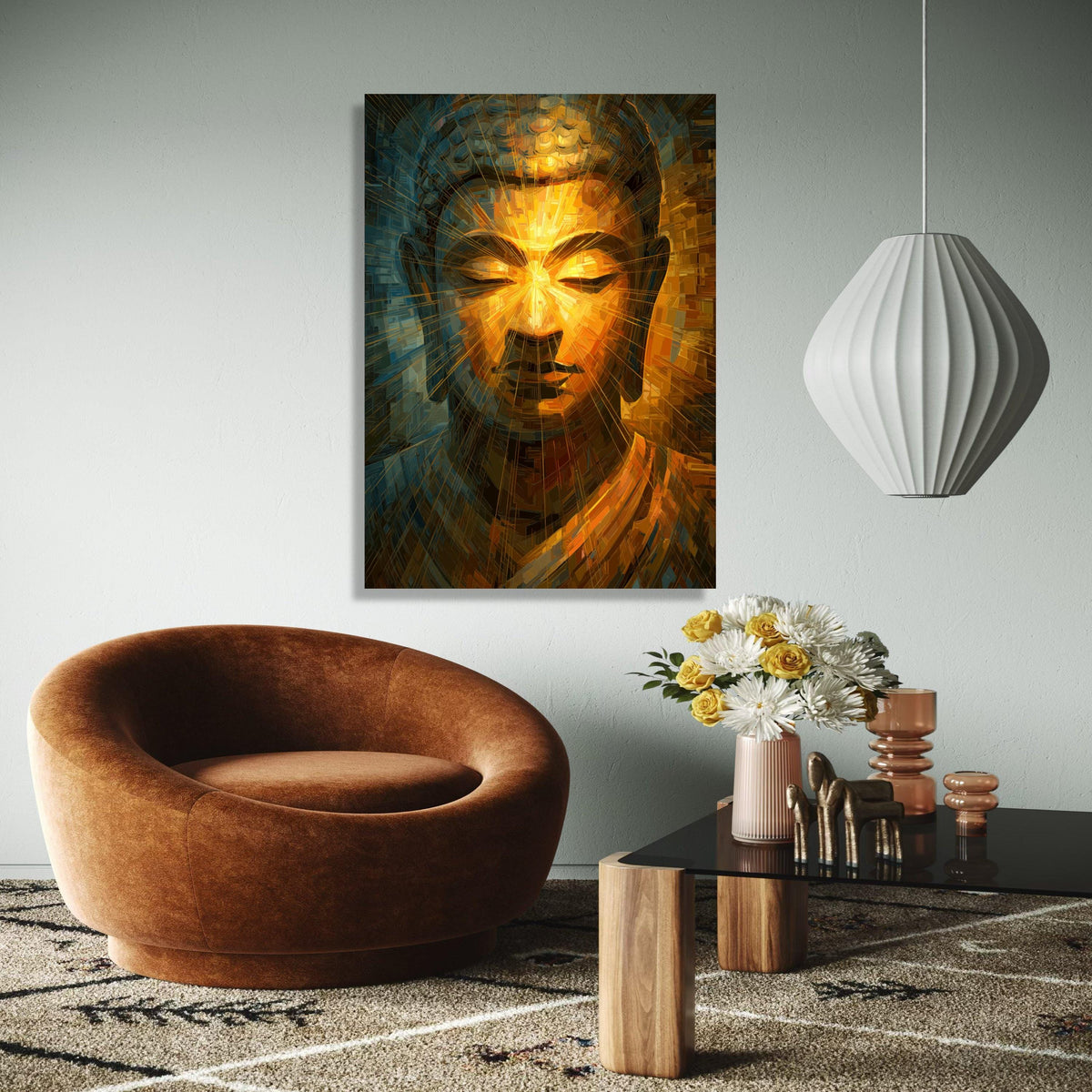 Radiant Buddha Face Canvas Wall Art, Spiritual Meditation Decor, Abstract Golden Light Artwork, Zen Home Gift Art, Home Decor, Print