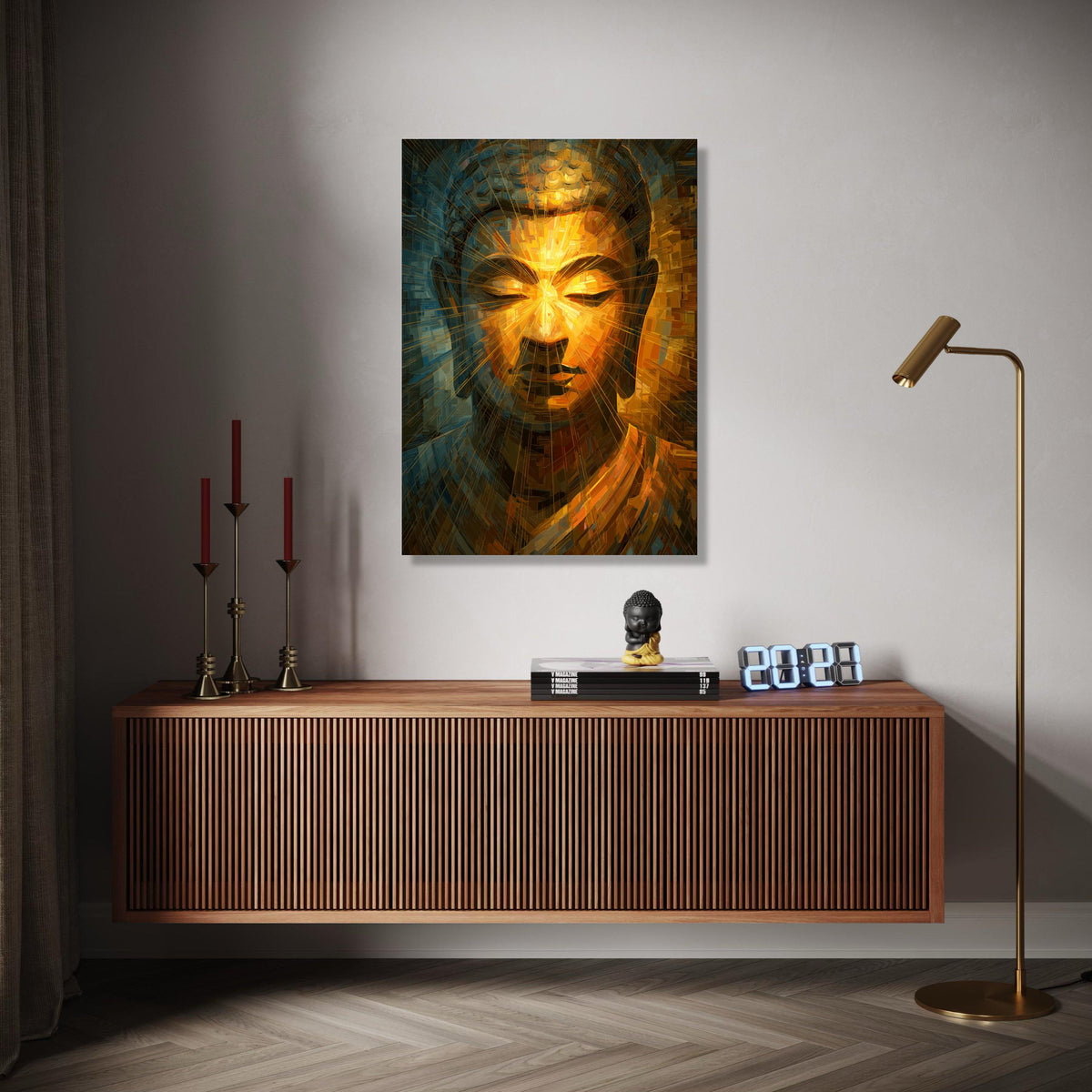 Radiant Buddha Face Canvas Wall Art, Spiritual Meditation Decor, Abstract Golden Light Artwork, Zen Home Gift Art, Home Decor, Print