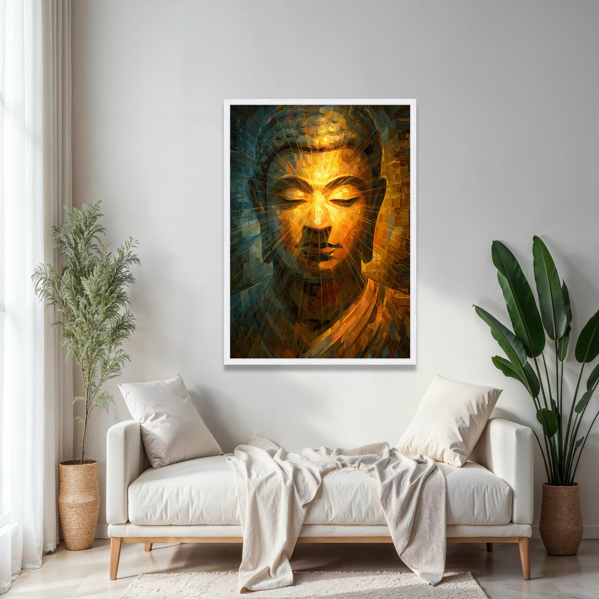 Radiant Buddha Face Canvas Wall Art, Spiritual Meditation Decor, Abstract Golden Light Artwork, Zen Home Gift Art, Home Decor, Print