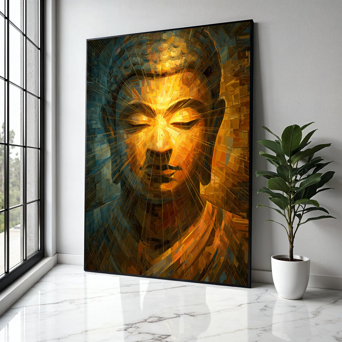 Radiant Buddha Face Canvas Wall Art, Spiritual Meditation Decor, Abstract Golden Light Artwork, Zen Home Gift Art, Home Decor, Print