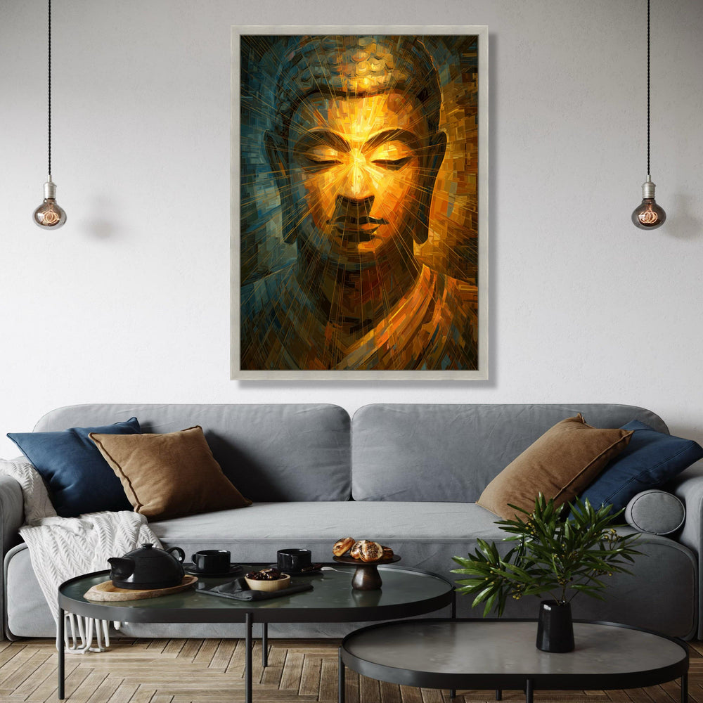 Radiant Buddha Face Canvas Wall Art, Spiritual Meditation Decor, Abstract Golden Light Artwork, Zen Home Gift Art, Home Decor, Print