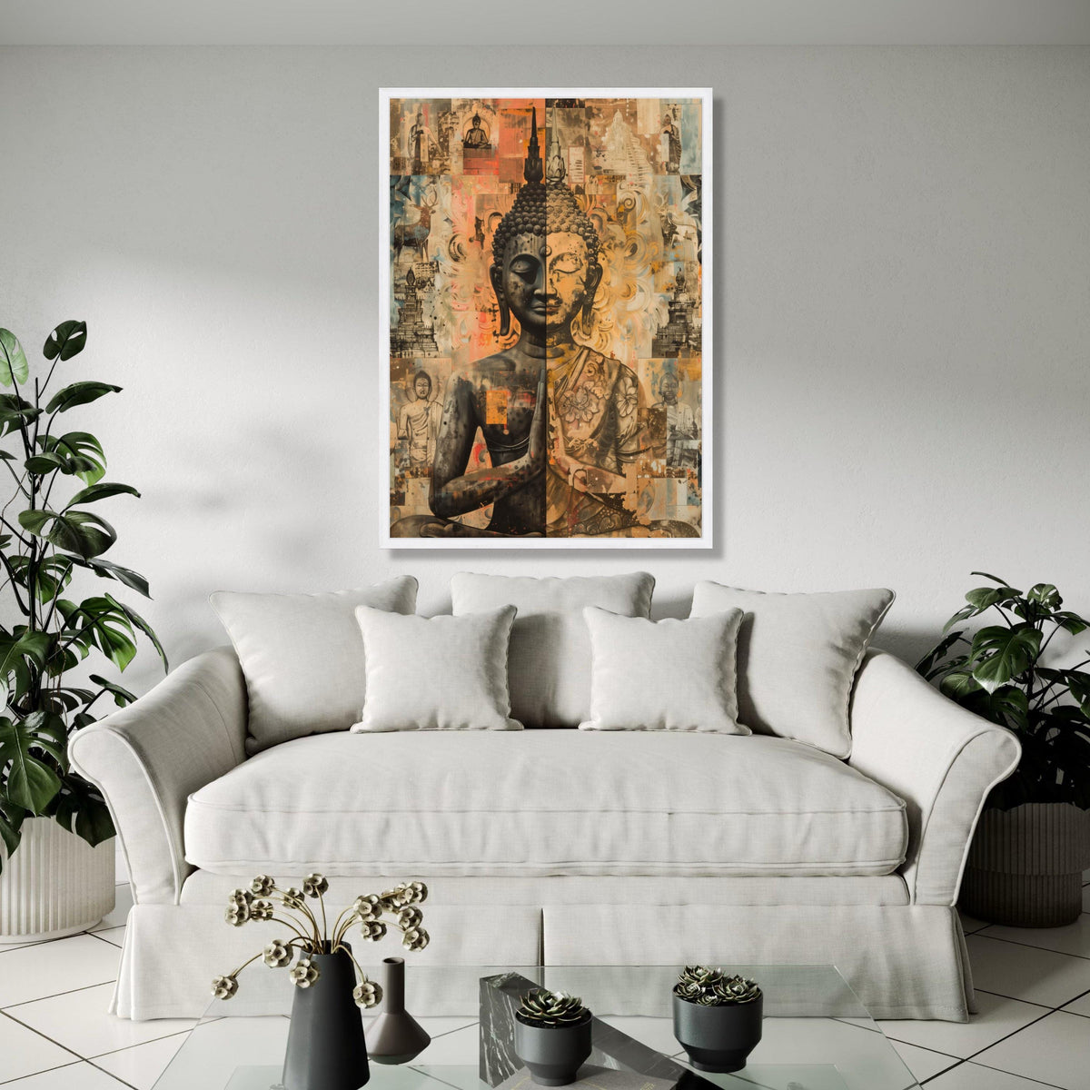 Dual Tone Buddha Canvas Wall Art, Meditation Statue Print, Spiritual Asian Decor, Zen Buddha Artwork, Tranquil Gift Art, Home Decor, Print