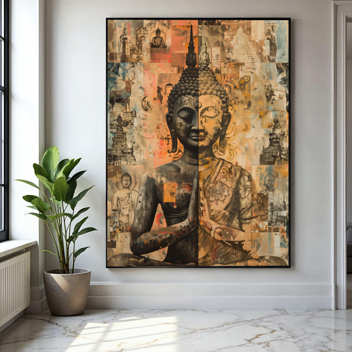 Dual Tone Buddha Canvas Wall Art, Meditation Statue Print, Spiritual Asian Decor, Zen Buddha Artwork, Tranquil Gift Art, Home Decor, Print