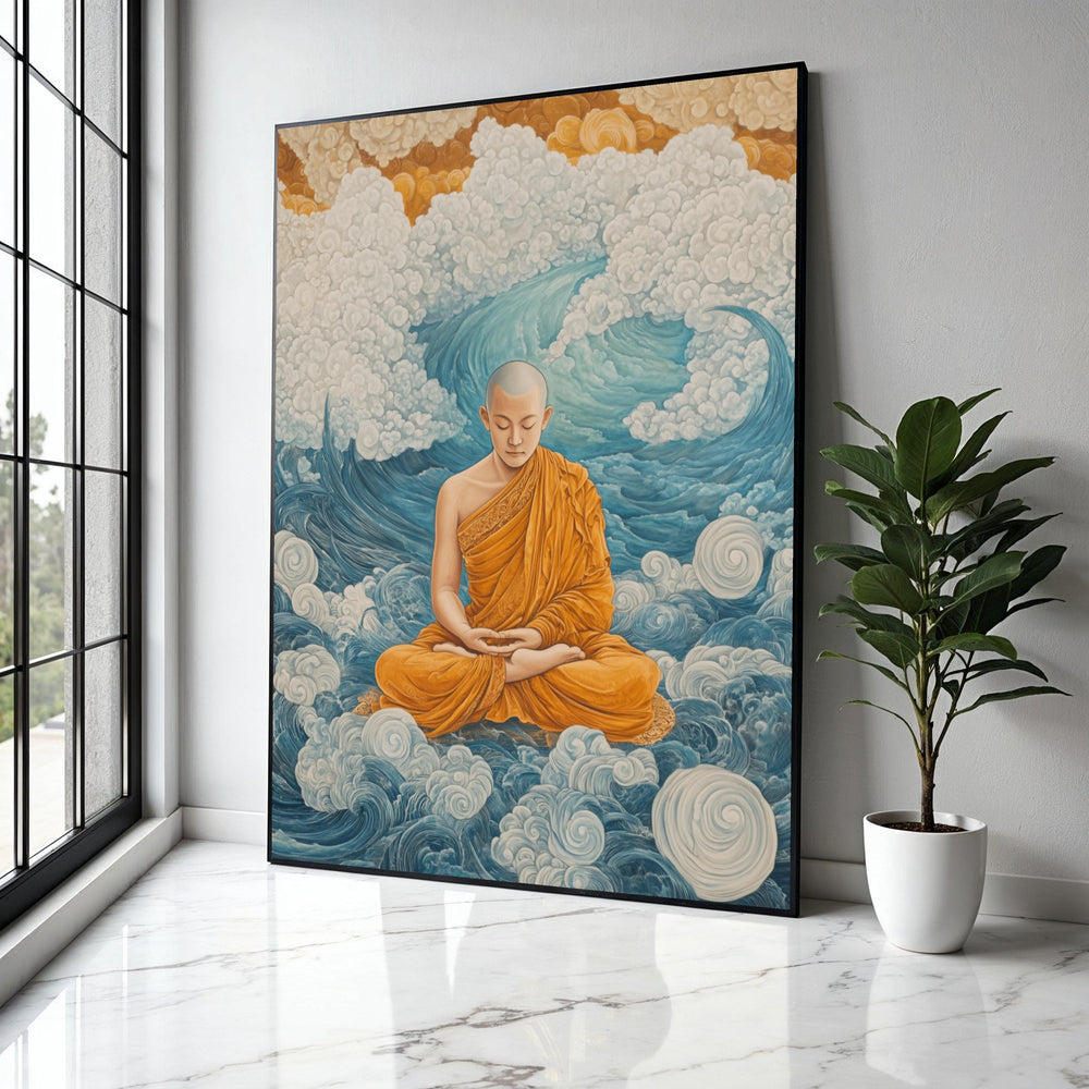 Meditating Buddhist Monk Canvas Art, Spiritual Wall Art, Zen Meditation Decor, Orange Robe Canvas, Tranquil Gift Art, Home Decor, Print