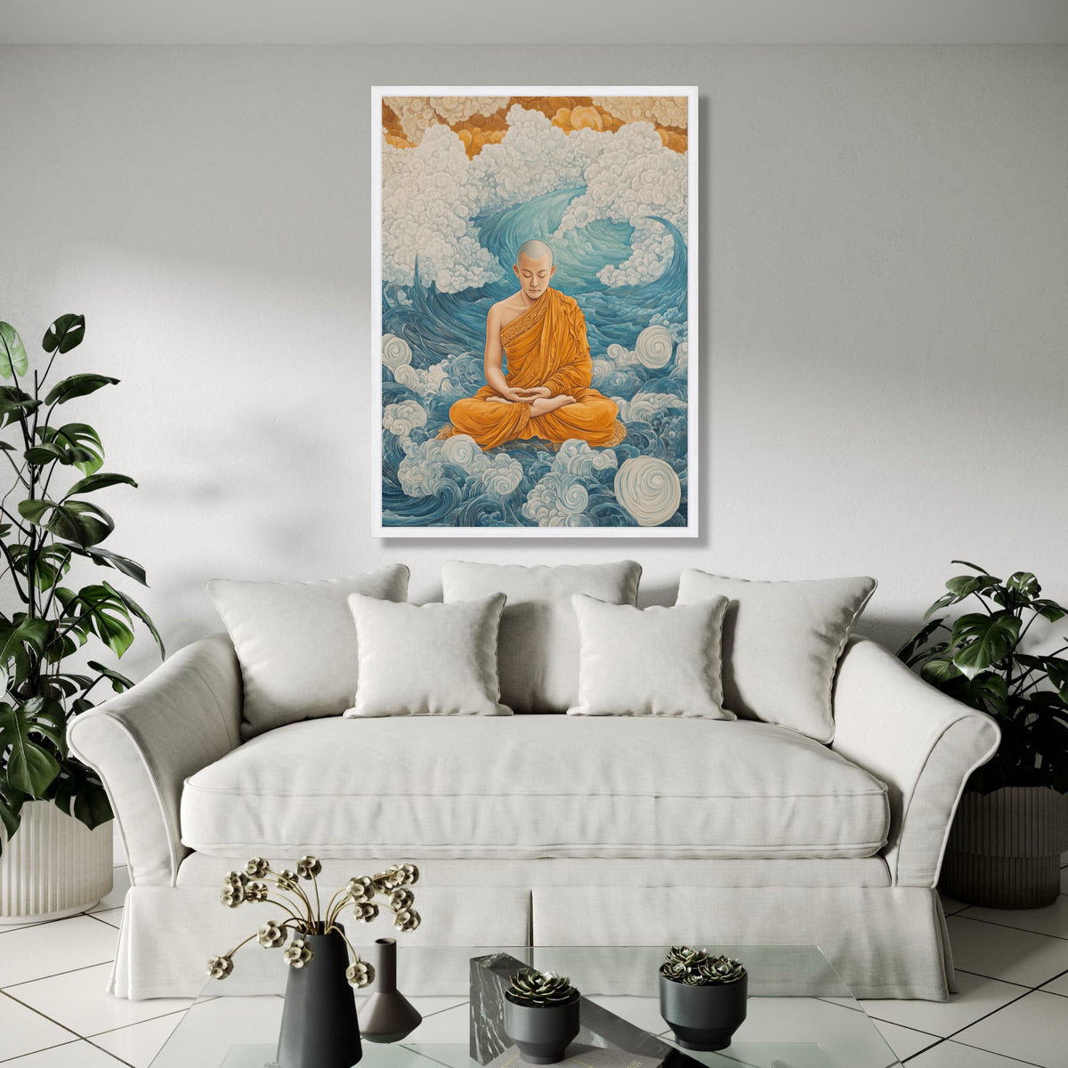 Meditating Buddhist Monk Canvas Art, Spiritual Wall Art, Zen Meditation Decor, Orange Robe Canvas, Tranquil Gift Art, Home Decor, Print