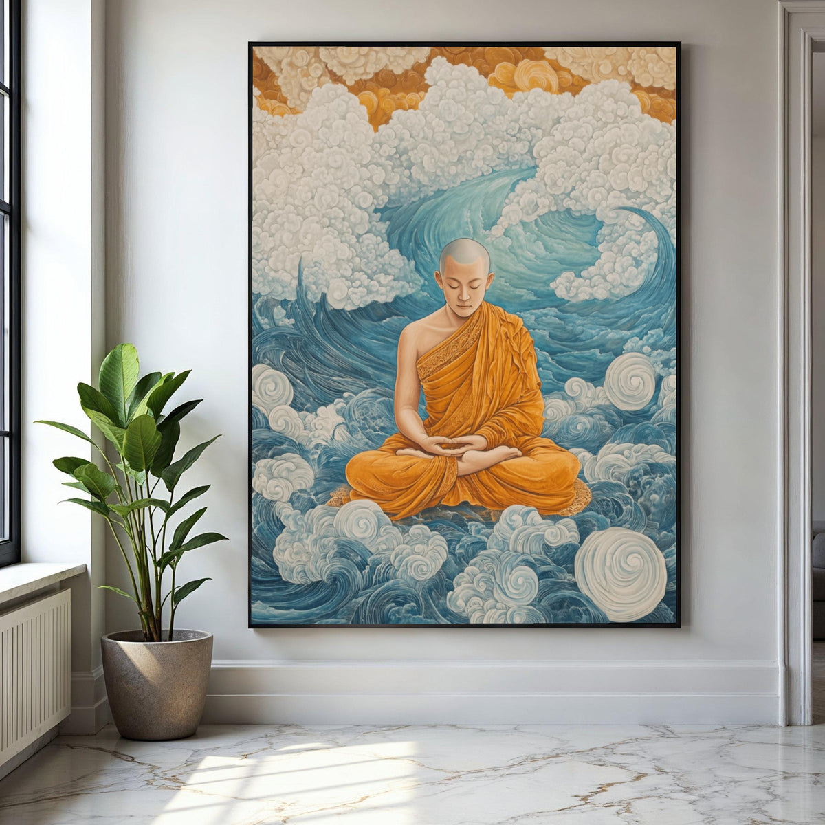 Meditating Buddhist Monk Canvas Art, Spiritual Wall Art, Zen Meditation Decor, Orange Robe Canvas, Tranquil Gift Art, Home Decor, Print