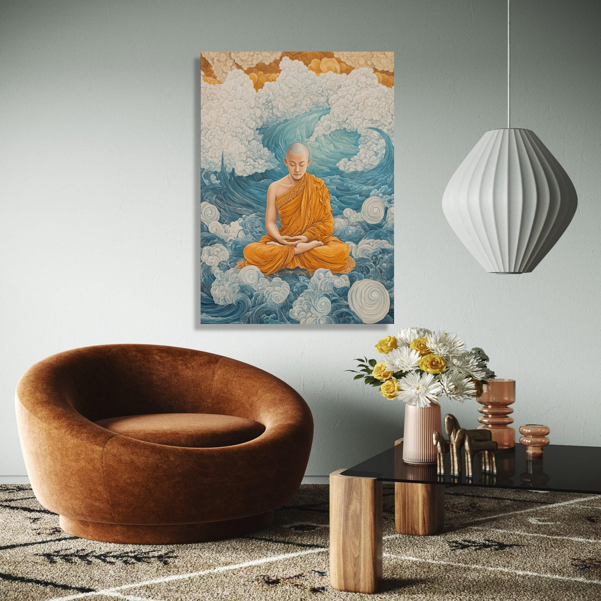 Meditating Buddhist Monk Canvas Art, Spiritual Wall Art, Zen Meditation Decor, Orange Robe Canvas, Tranquil Gift Art, Home Decor, Print