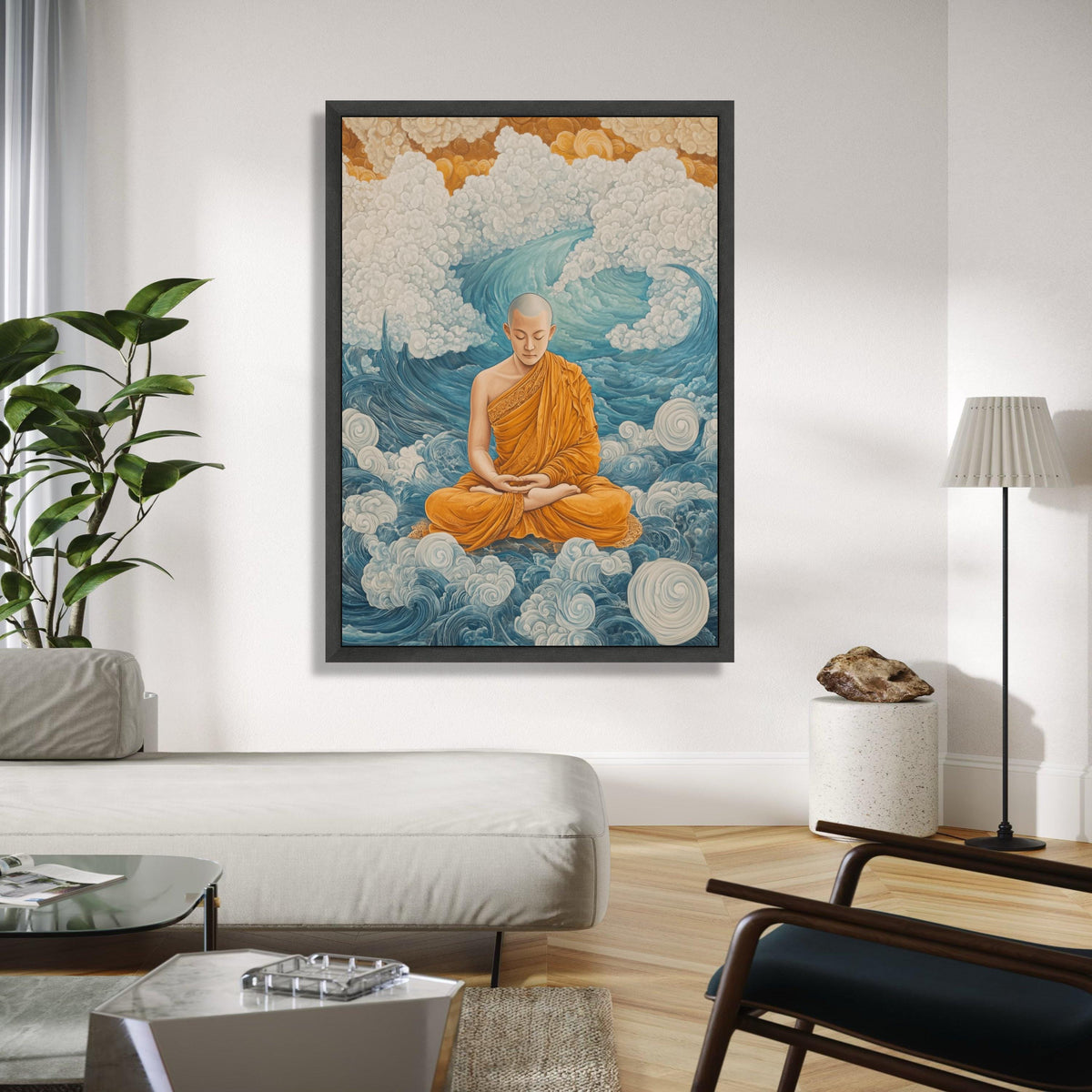 Meditating Buddhist Monk Canvas Art, Spiritual Wall Art, Zen Meditation Decor, Orange Robe Canvas, Tranquil Gift Art, Home Decor, Print