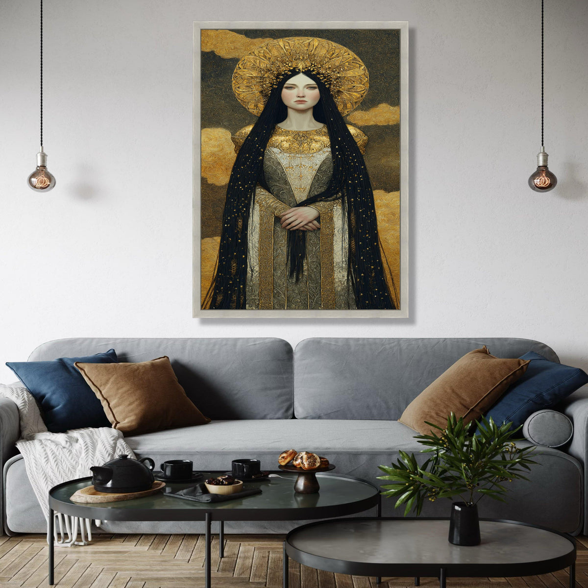 Regal Woman Portrait Canvas, Golden Halo Wall Art, Ornate Medieval Style Canvas, Decorative Royalty Painting, Gift Art, Home Decor, Print