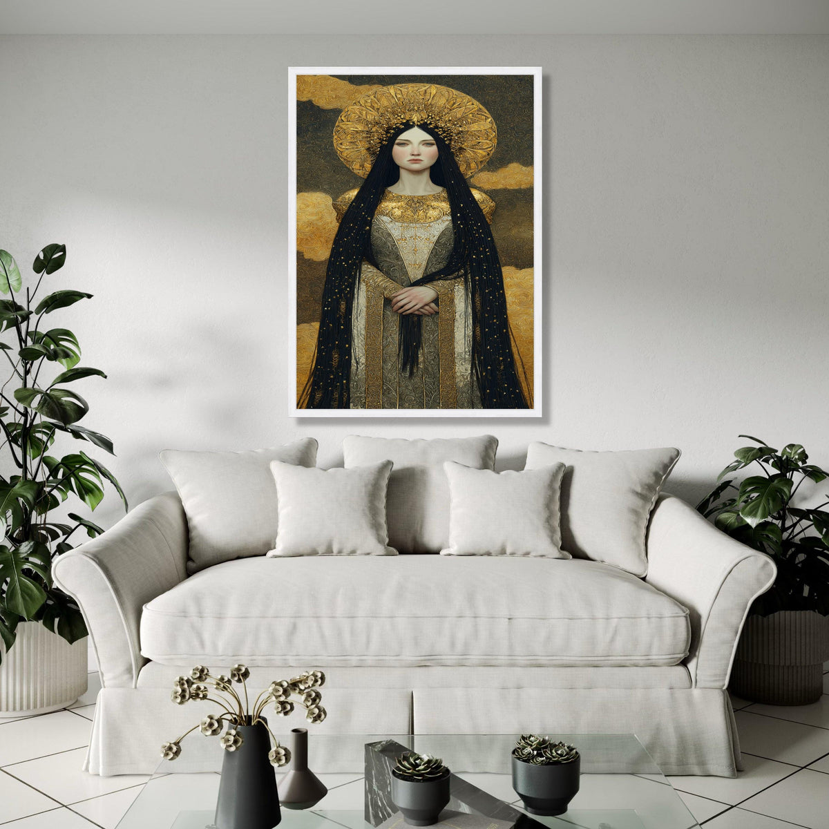 Regal Woman Portrait Canvas, Golden Halo Wall Art, Ornate Medieval Style Canvas, Decorative Royalty Painting, Gift Art, Home Decor, Print