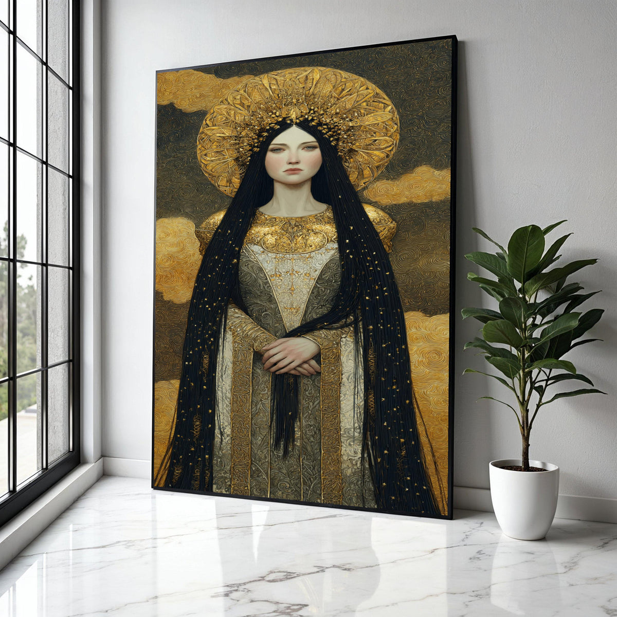 Regal Woman Portrait Canvas, Golden Halo Wall Art, Ornate Medieval Style Canvas, Decorative Royalty Painting, Gift Art, Home Decor, Print