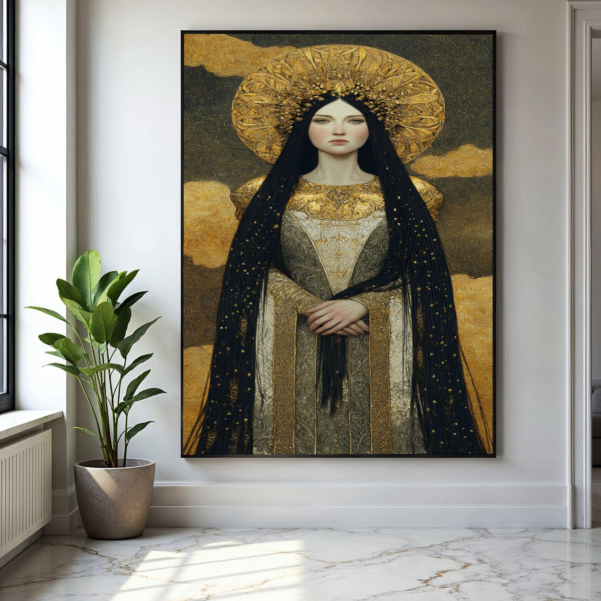 Regal Woman Portrait Canvas, Golden Halo Wall Art, Ornate Medieval Style Canvas, Decorative Royalty Painting, Gift Art, Home Decor, Print