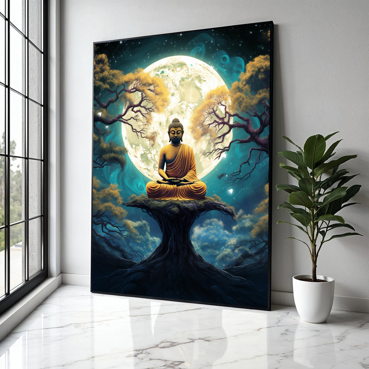 Meditating Buddha Canvas, Spiritual Wall Art, Full Moon Night, Zen Forest Scene, Peaceful Yoga Decor, Gift Art, Home Decor, Print