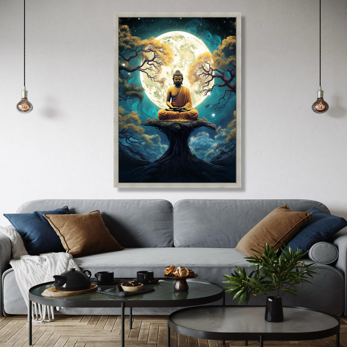 Meditating Buddha Canvas, Spiritual Wall Art, Full Moon Night, Zen Forest Scene, Peaceful Yoga Decor, Gift Art, Home Decor, Print