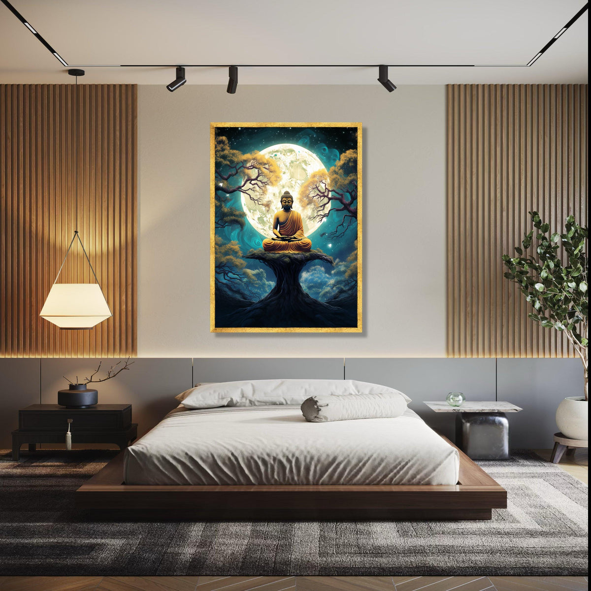 Meditating Buddha Canvas, Spiritual Wall Art, Full Moon Night, Zen Forest Scene, Peaceful Yoga Decor, Gift Art, Home Decor, Print