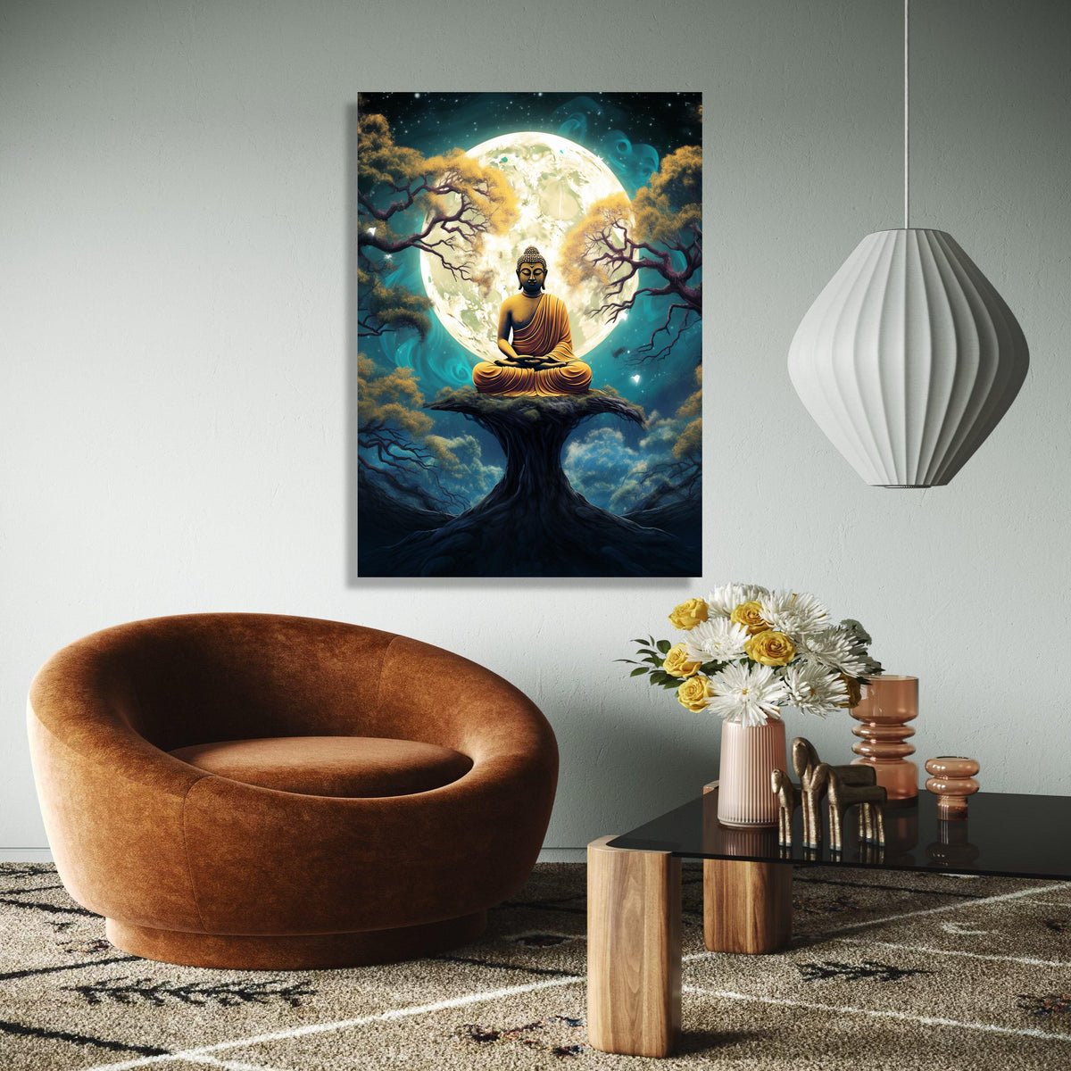 Meditating Buddha Canvas, Spiritual Wall Art, Full Moon Night, Zen Forest Scene, Peaceful Yoga Decor, Gift Art, Home Decor, Print