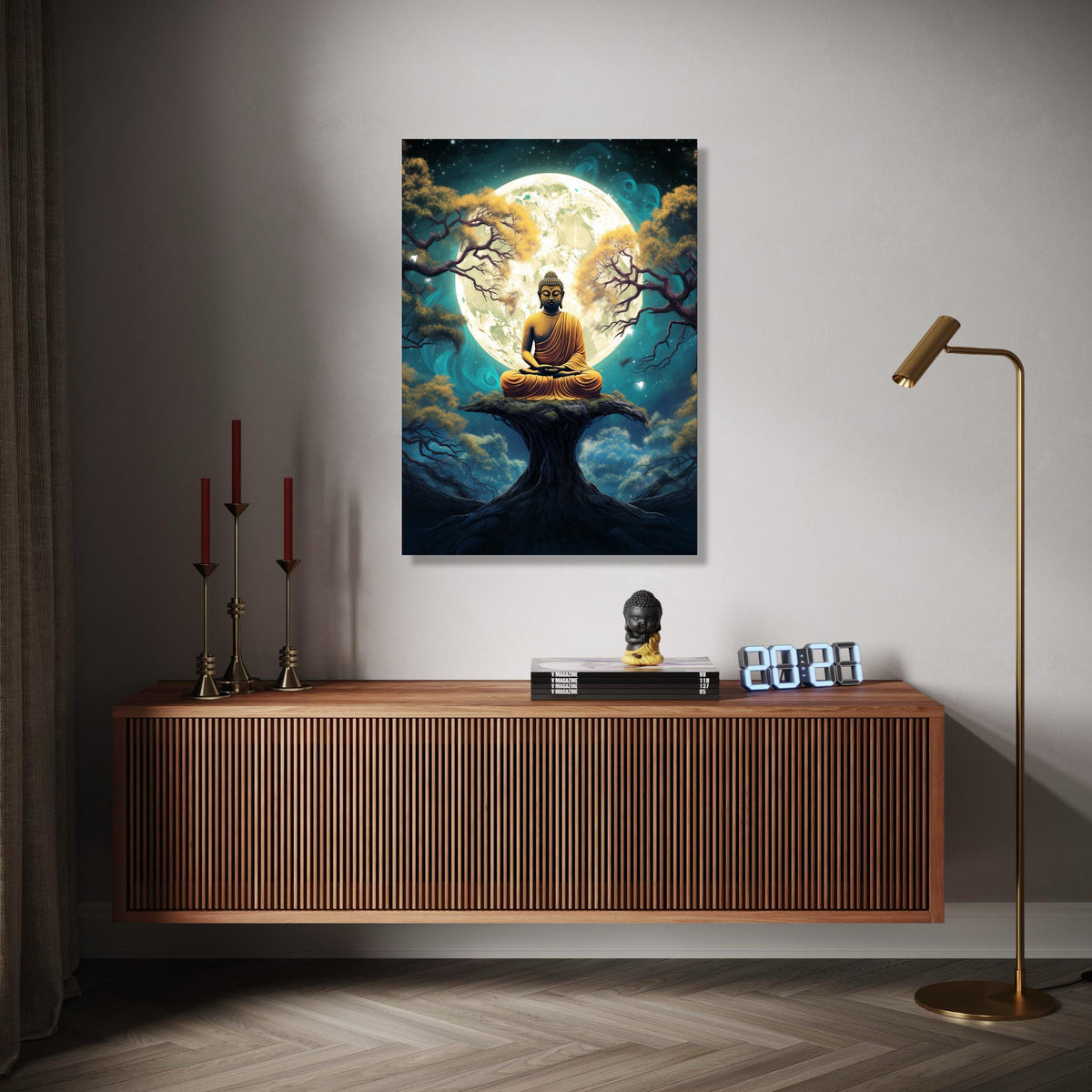 Meditating Buddha Canvas, Spiritual Wall Art, Full Moon Night, Zen Forest Scene, Peaceful Yoga Decor, Gift Art, Home Decor, Print