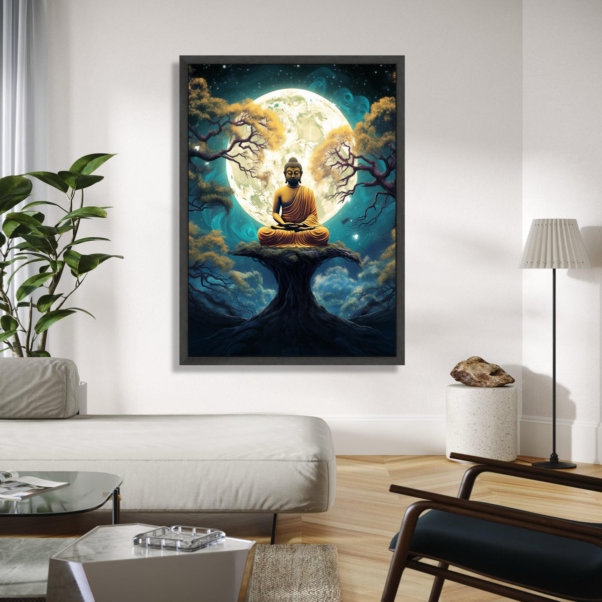 Meditating Buddha Canvas, Spiritual Wall Art, Full Moon Night, Zen Forest Scene, Peaceful Yoga Decor, Gift Art, Home Decor, Print