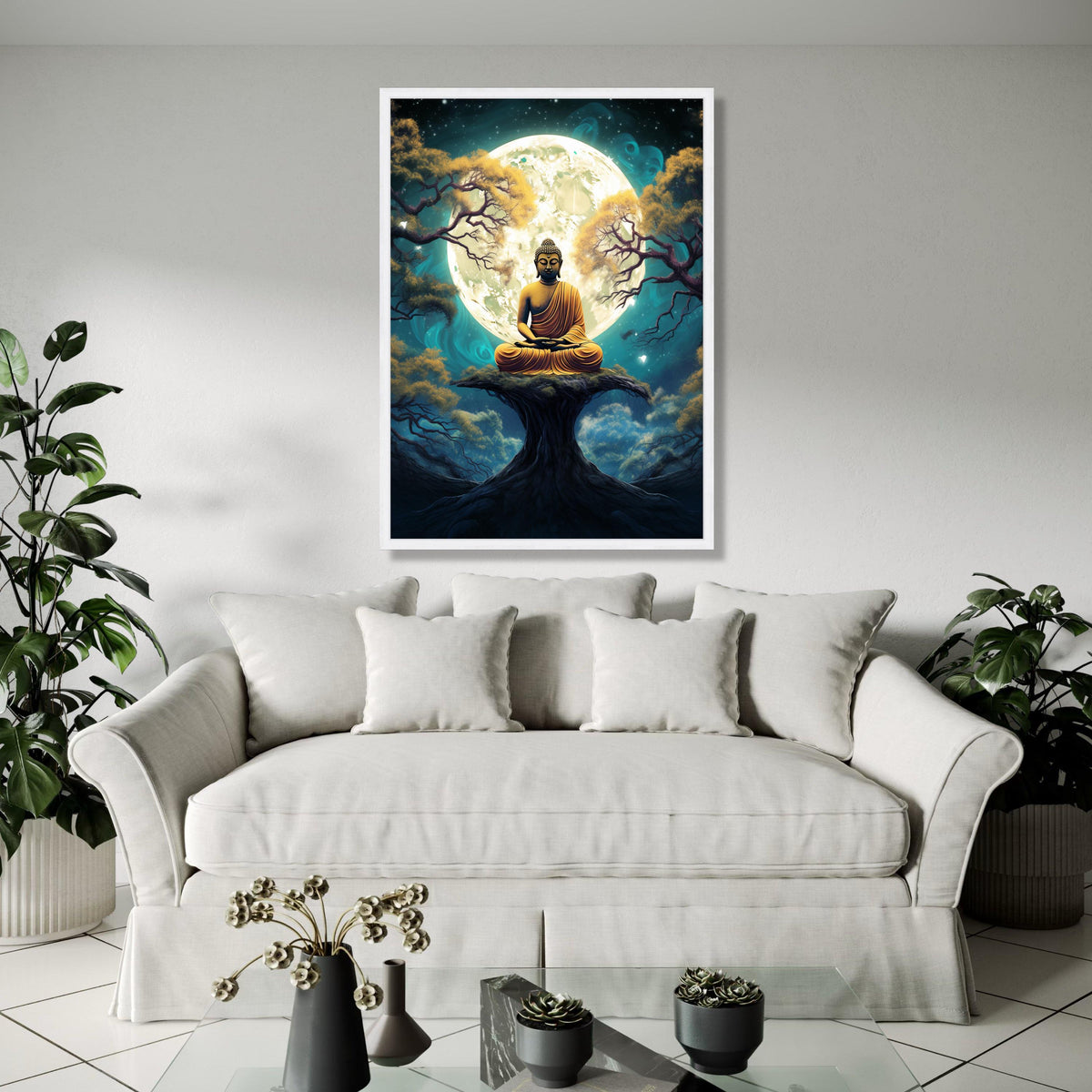 Meditating Buddha Canvas, Spiritual Wall Art, Full Moon Night, Zen Forest Scene, Peaceful Yoga Decor, Gift Art, Home Decor, Print