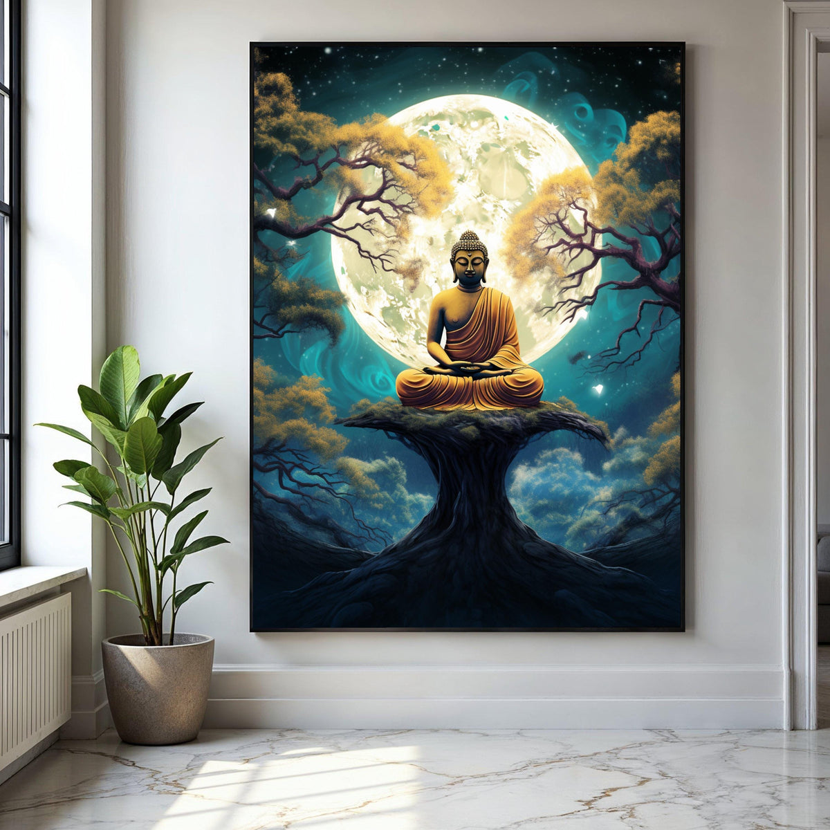 Meditating Buddha Canvas, Spiritual Wall Art, Full Moon Night, Zen Forest Scene, Peaceful Yoga Decor, Gift Art, Home Decor, Print