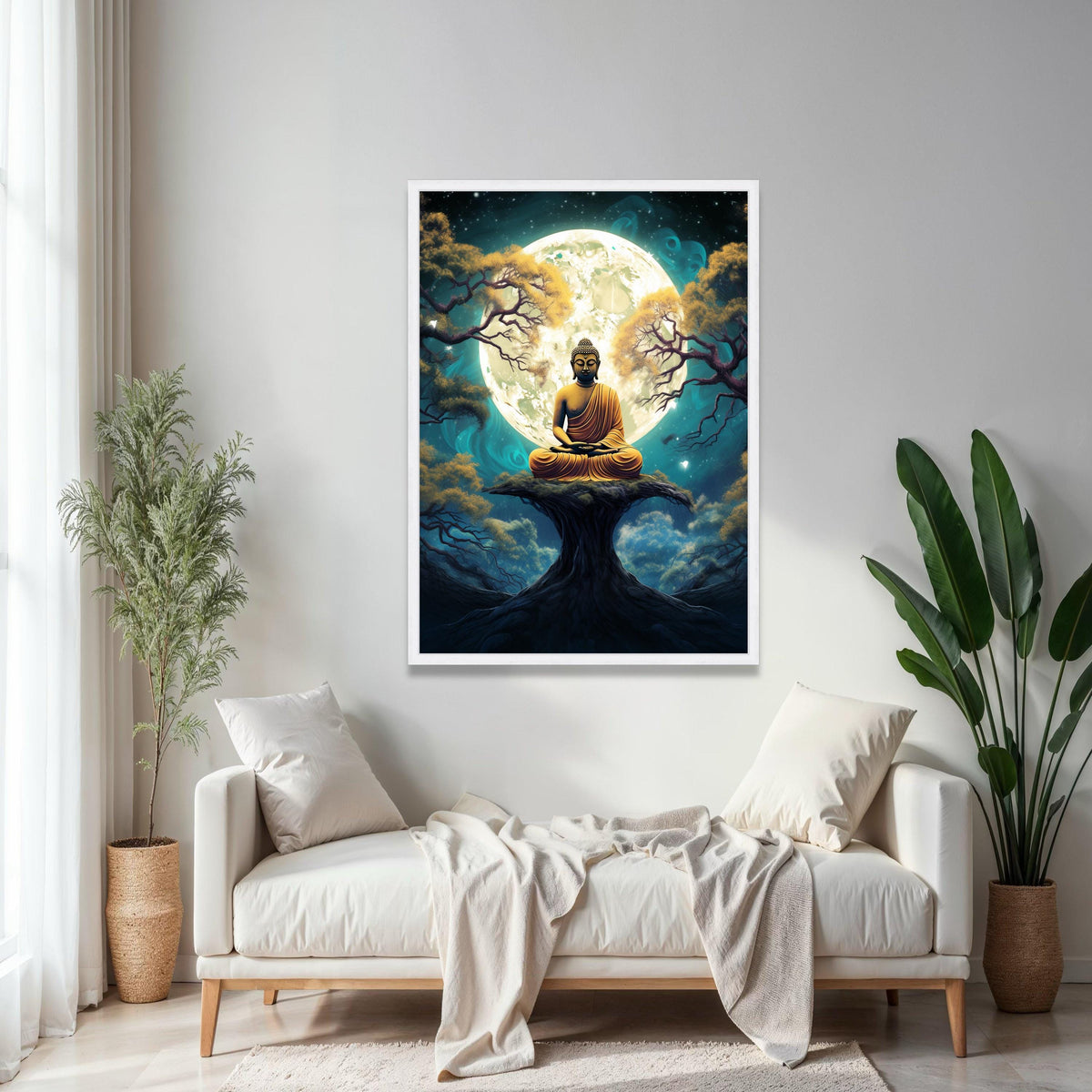 Meditating Buddha Canvas, Spiritual Wall Art, Full Moon Night, Zen Forest Scene, Peaceful Yoga Decor, Gift Art, Home Decor, Print